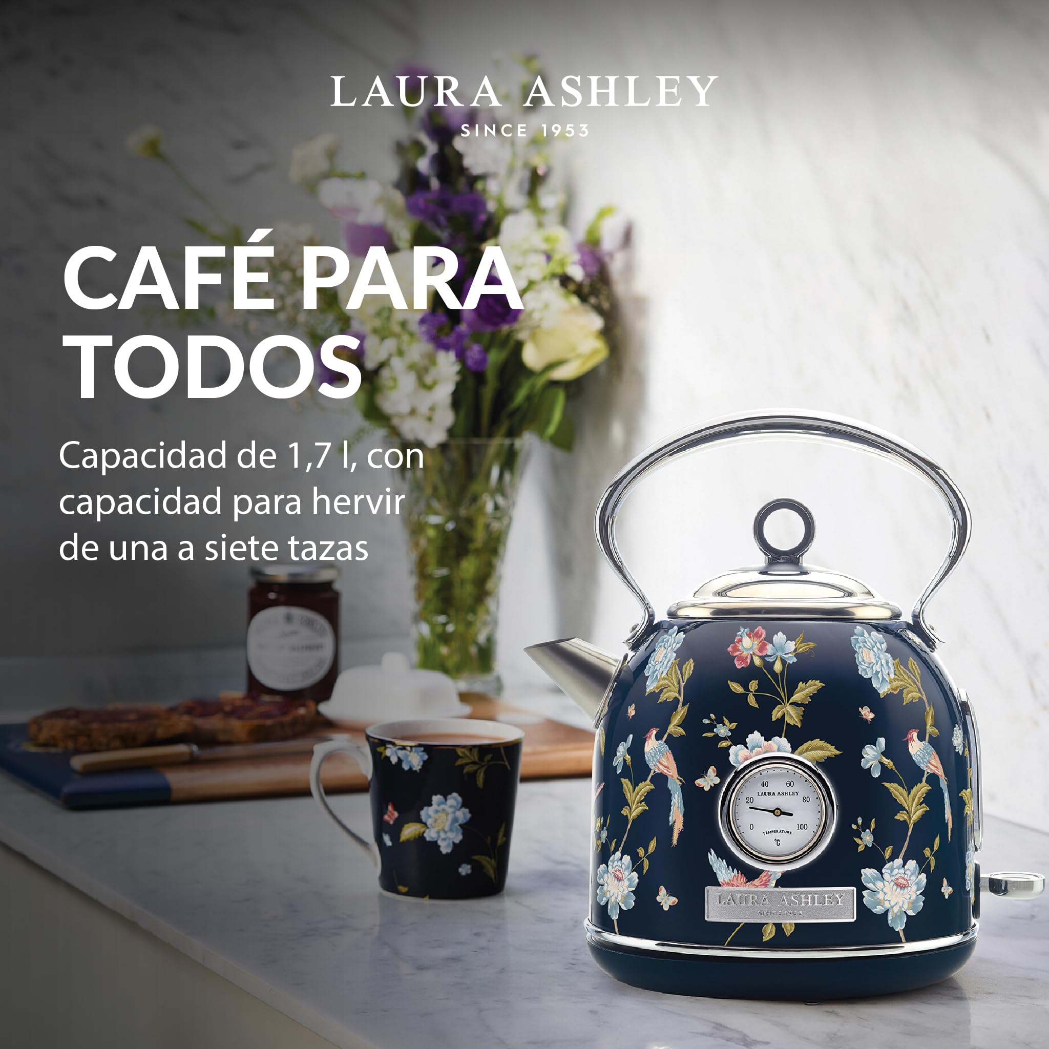 VQ Laura Ashley Elveden Navy 1,7 L Hervidor de Agua Eléctrico de Cúpula | Tetera Eléctrica de Gran Capacidad, 2,2 kW Ebullición Rápida, Protección contra Sobrecalentamiento e Indicador de Temperatura