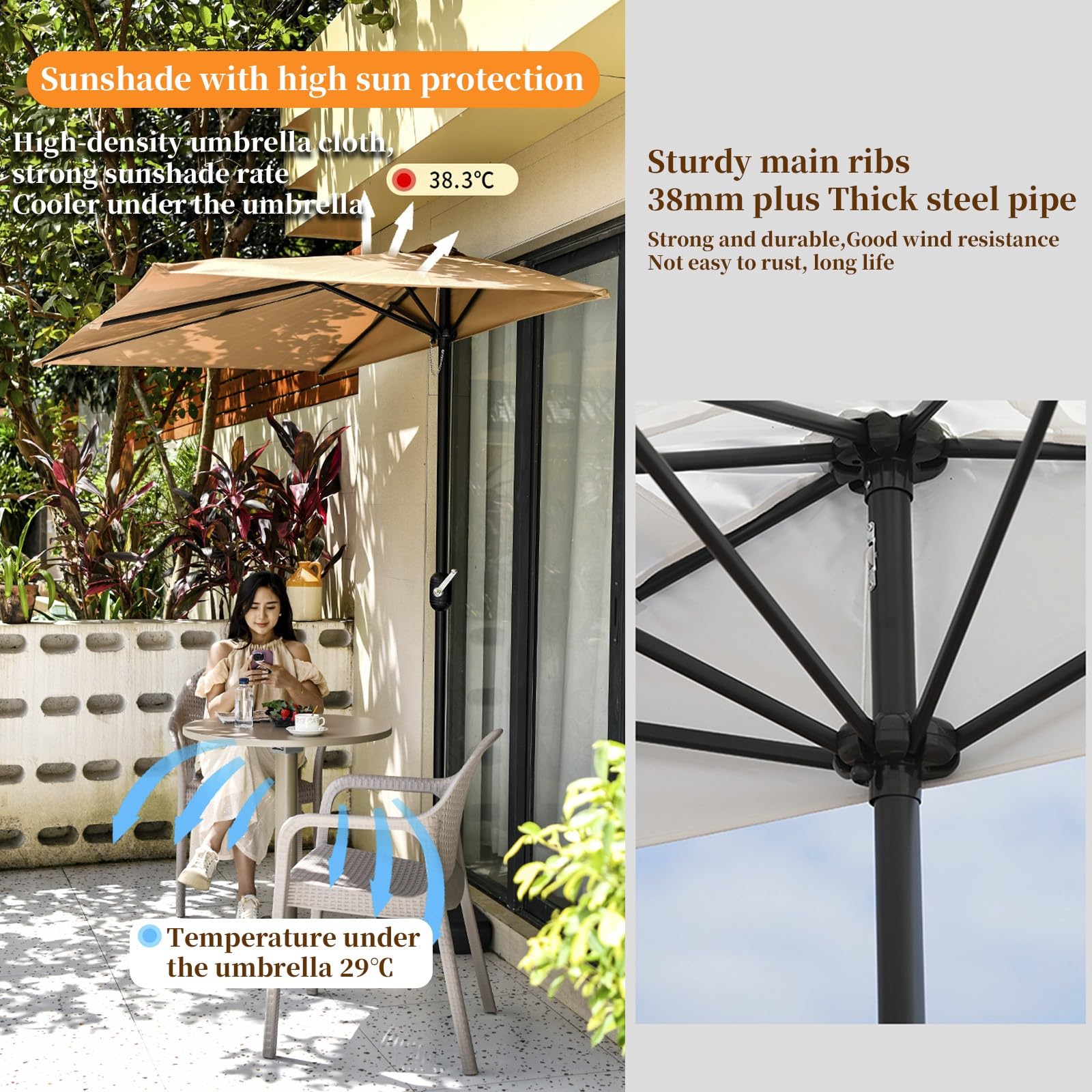 FORRTY Półparasol Ogrodowy Montowany Na Ścianie, Parasol Ogrodowy, 200/250ｘ100/130cm, Ochrona Przed Promieniowaniem UV, Wiatroodporny Baldachim Z Korbą Na Balkon, Ogród, Taras, Kawiarnię, Basen(Biały,