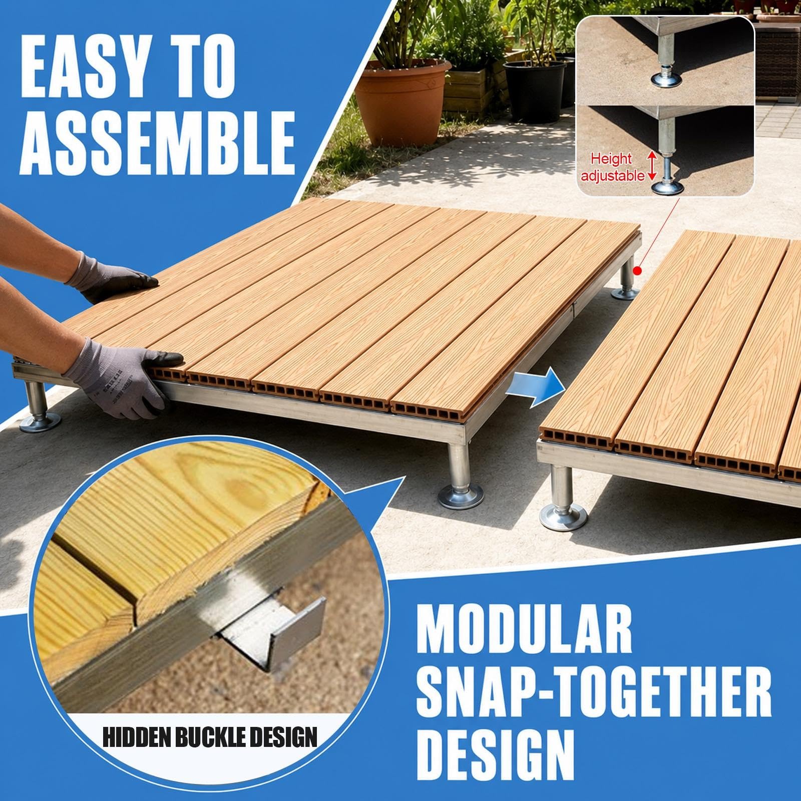 Piattaforma rialzata in legno composito impermeabile fai-da-te per patio | Portatile da giardino resistente, Modulare regolabile ad incastro per esterni per giardino, prato(Reddish brown,100cm/39.4in)