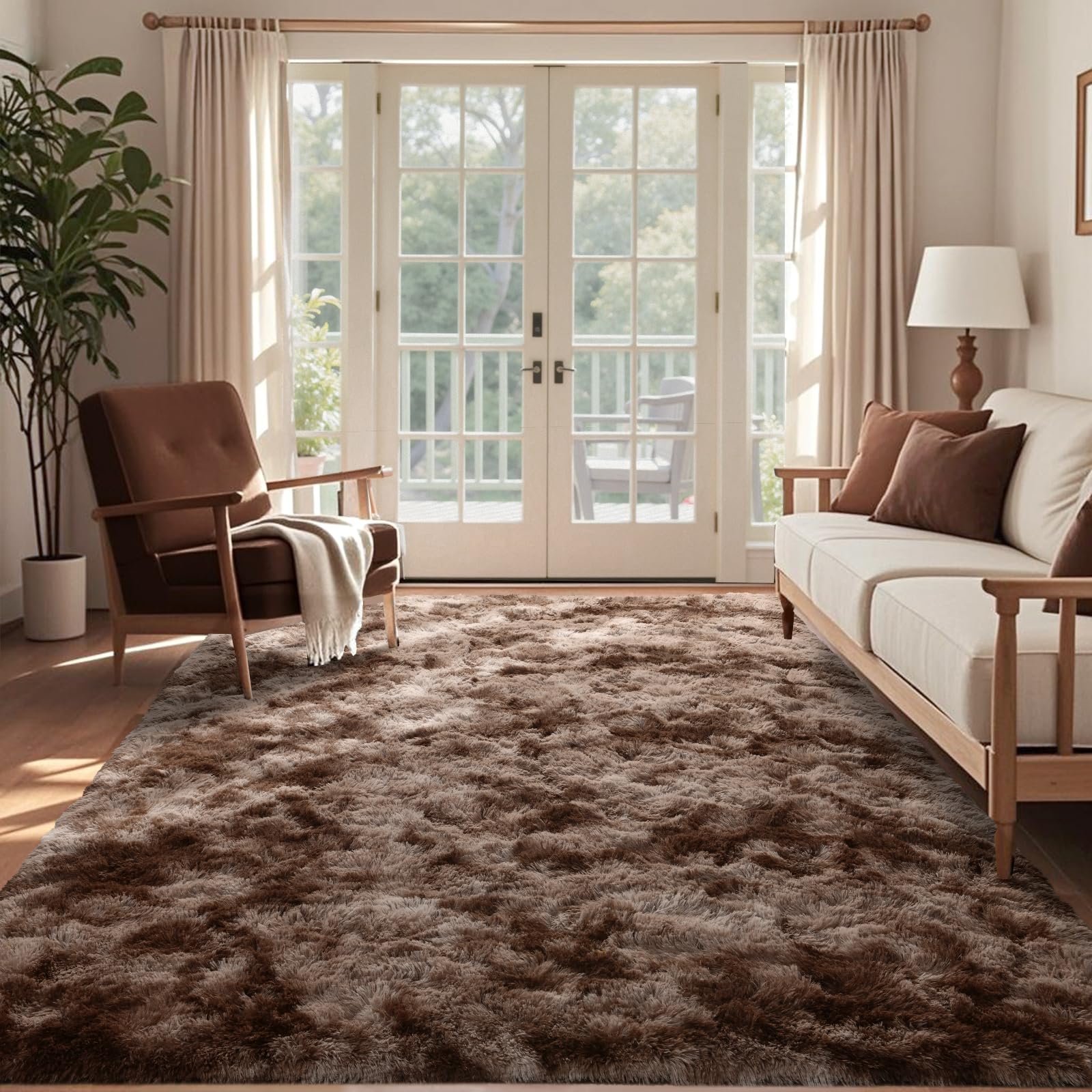 9x12 Ft Extra Large Shag Brown Area Rug for Living Room, Tie-Dyed Ultra Soft Fluffy Furry Rugs for Bedroom Indoor Floor, Aesthetic Carpet for Kids