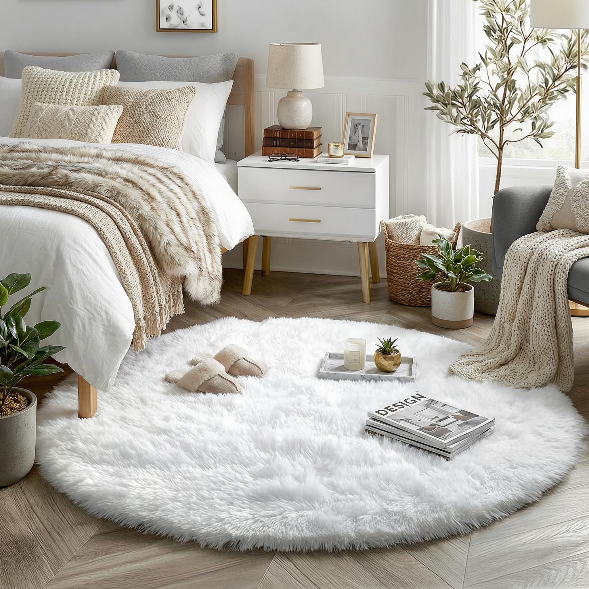 Round Rugs 5Ft White Circle Area Rug, Fluffy Fuzzy Bedroom Carpets for Kids Playroom Home Decor Aesthetic, Plush Soft Shaggy Living Room Rugs for Nursery Dorm Classroom, Modern Cute Shag Furry Carpet