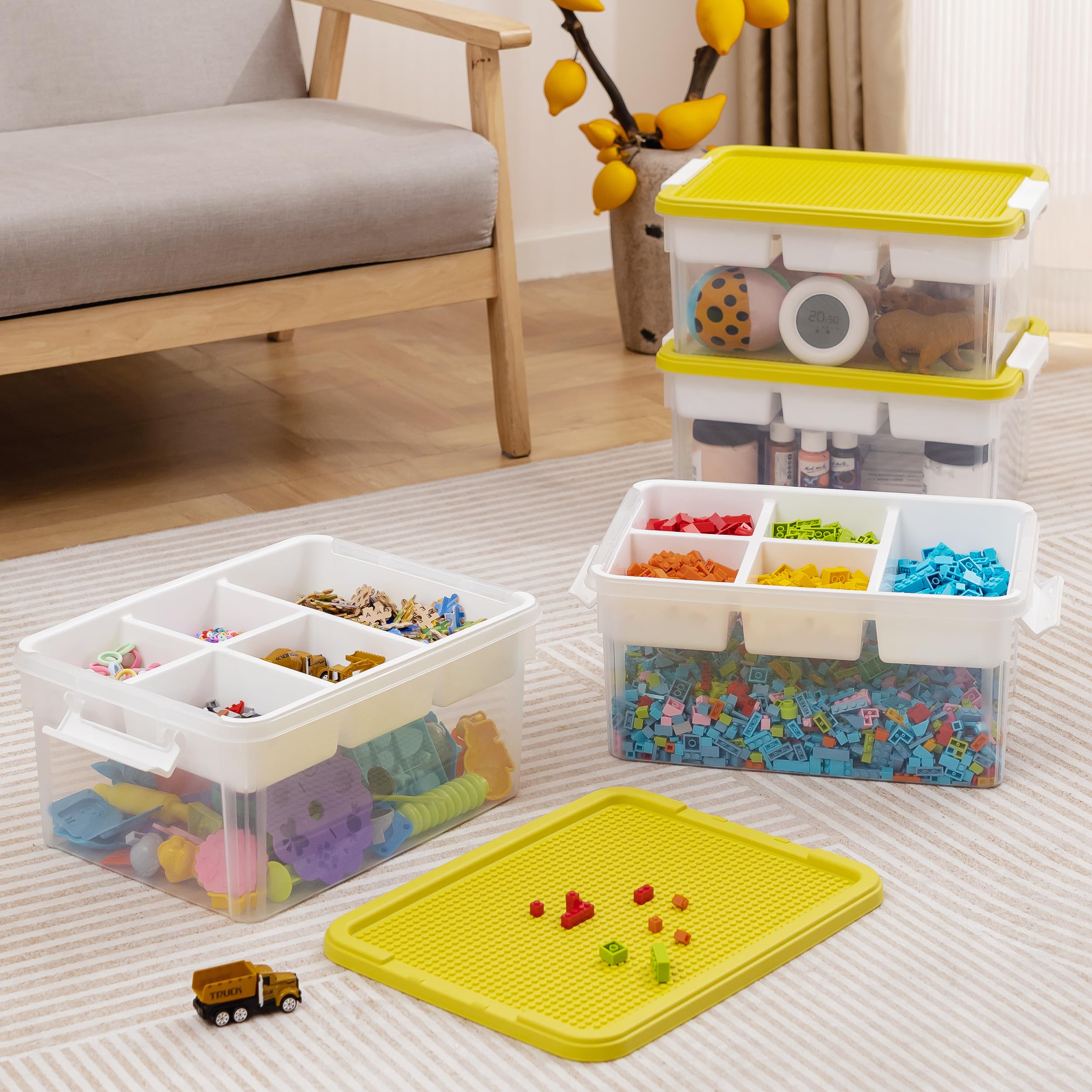Citylife Juego de 4 cajas de almacenamiento con tapa, amarillo, plástico de 16 l con tapa de placa de construcción y bandeja extraíble, organizador para manualidades, caja transparente para organizar