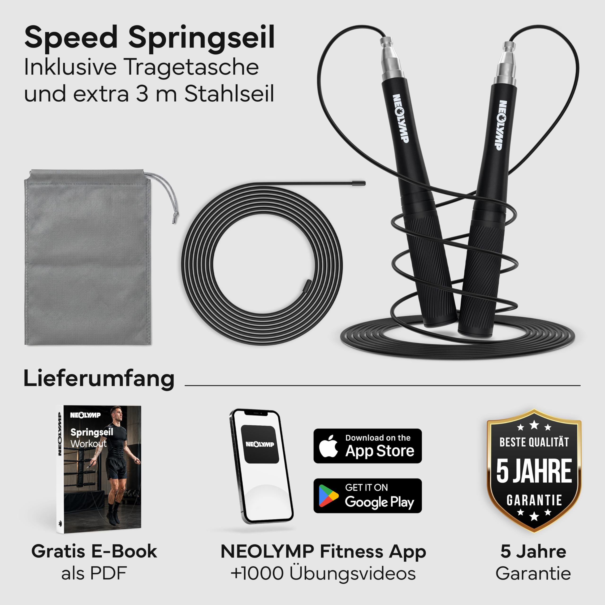 NEOLYMP Springseil Erwachsene Fitness - Speed Rope mit werkzeugloser Schnellverstellung - Ultraleicht Aluminium & 360° Kugellager - Premium Jump Rope für Crossfit Cardio Ausdauertraining