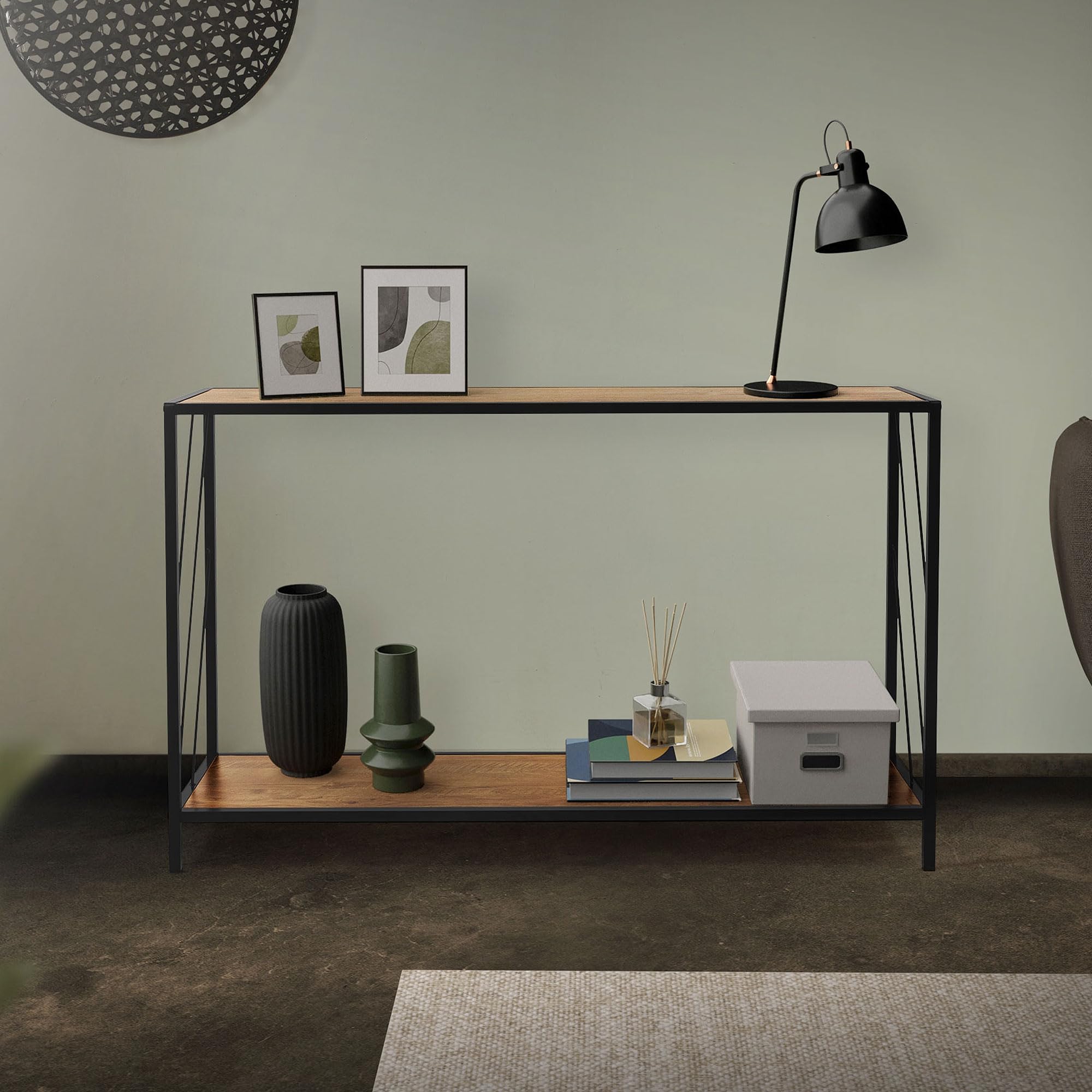 ML-Design Mesa Consola Marrón 120x33,5x75cm Madera de Roble Rústico Mesita de Recibidor Moderna Mueble Auxiliar de Entrada con Compartimentos para Revistas con Estructura de Acero y 2 Estantes