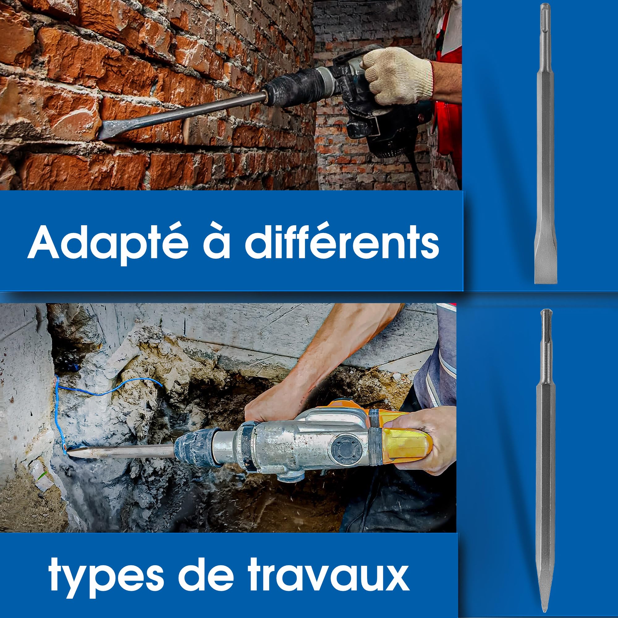 S&R Jeu 4 Burins SDS-Plus Ciseaux à Béton Carrellage Pierre Maçonnerie pour Perforateur Burineur