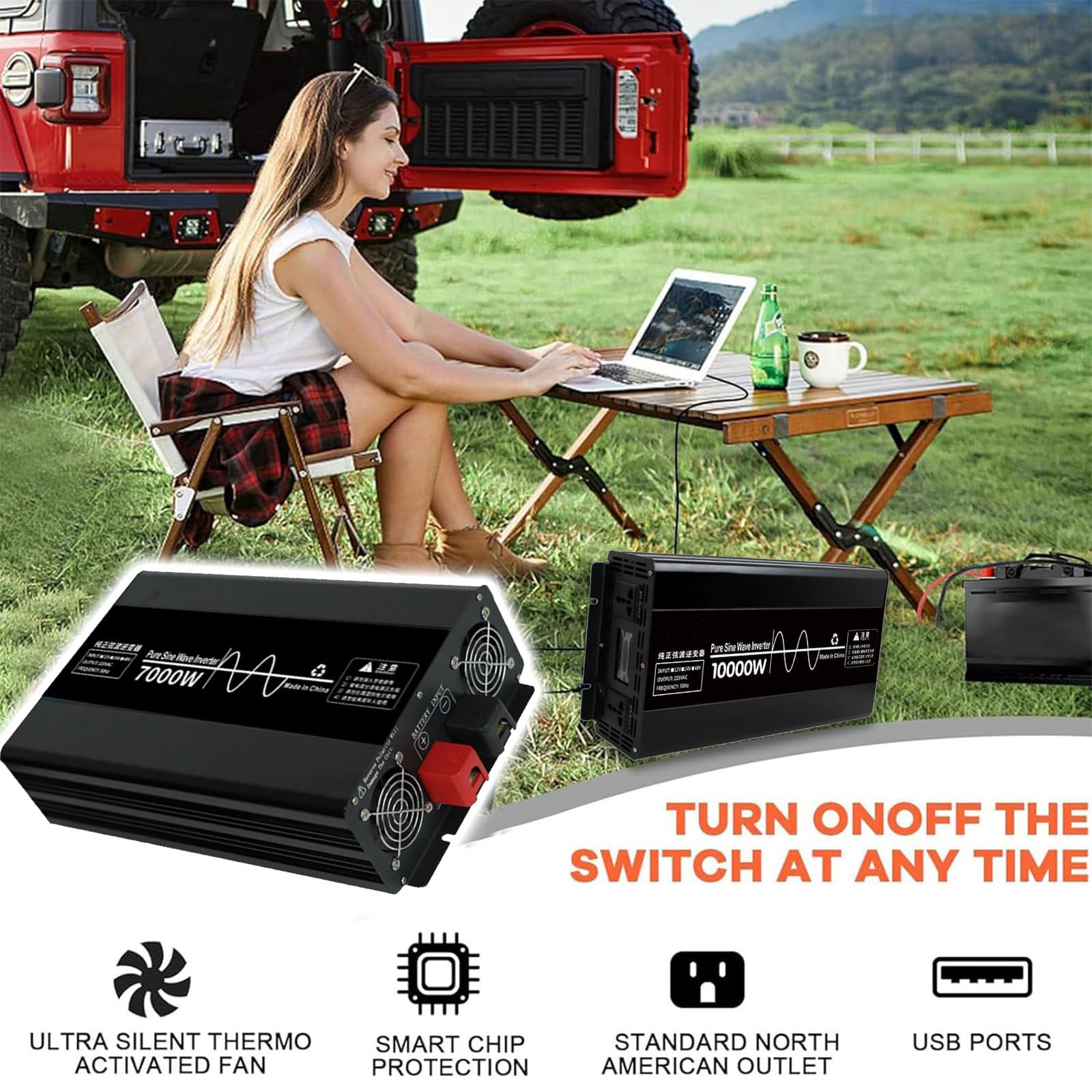 Falownik Przetwornice samochodowe o mocy 10000 W, przetwornica napięcia 24 V DC na 110 V AC z podwójnymi gniazdami prądu przemiennego i wyświetlaczem LCD,48V to 220V