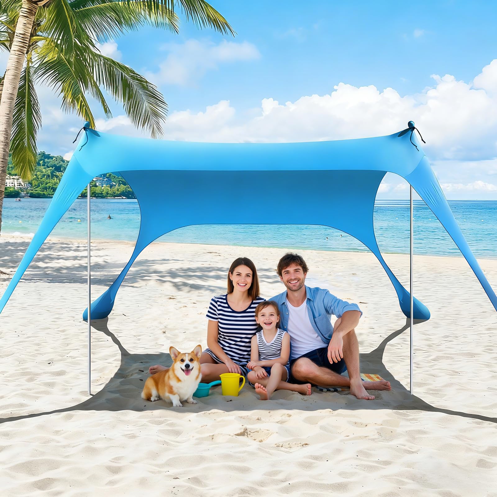 Photo 1 of Rhino Valley Beach Tent, 7 x 6.5 Ft Beach Shade UPF50+ Protection, Beach Canopy with 4 Sandbags 2 Stability Poles, Outdoor Beach Tent Sun Shelter Umbrella for Sand,Camping,Fishing Essentials, Sky Blue