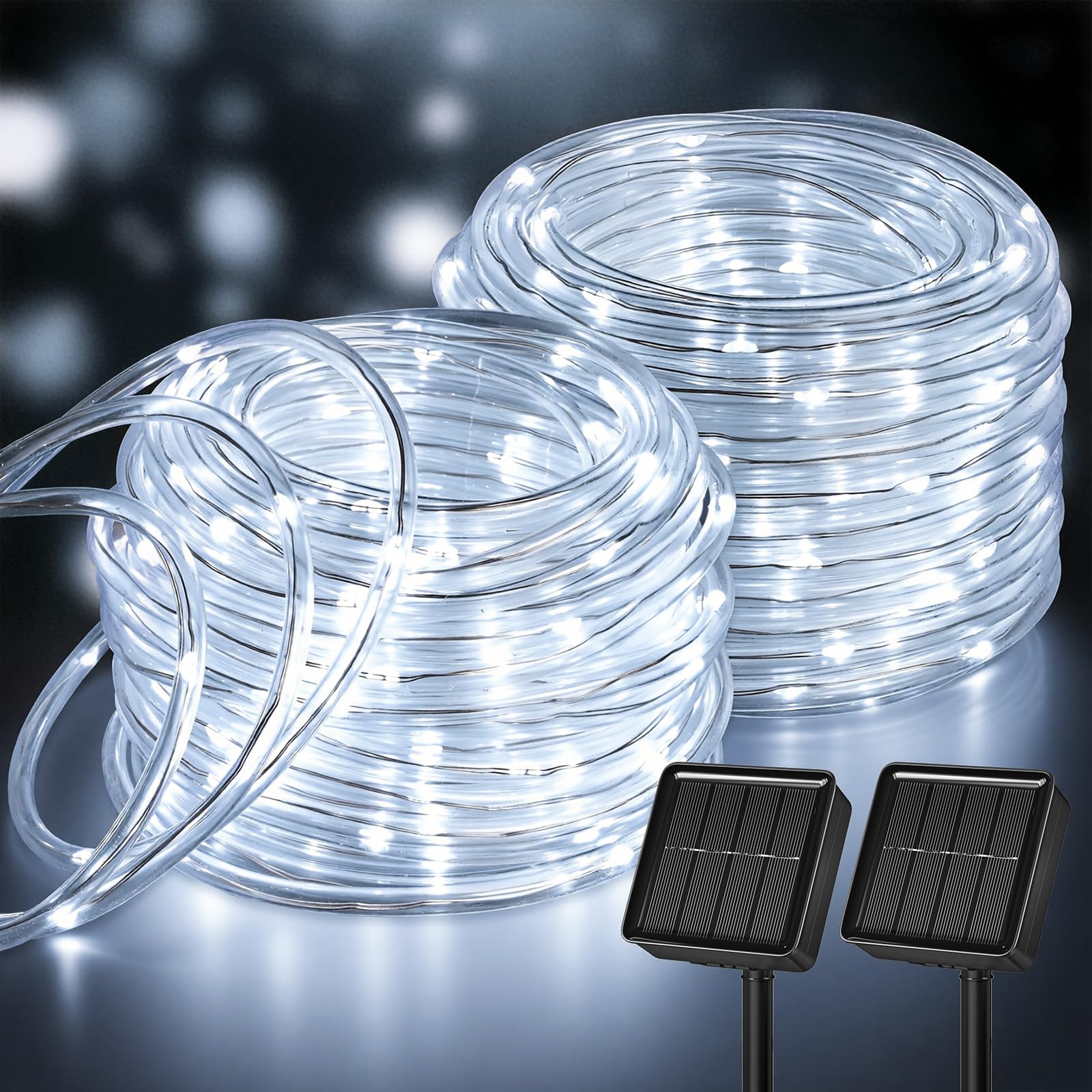 Brightown 2 Pack Solar Rope Lights, Total 78FT 200LED Pure White Solar String Lights Outdoor, IP65 Waterproof Solar Powered Fairy Lights with 8 Lighting Modes for Yard Garden Patio Tree Decoration