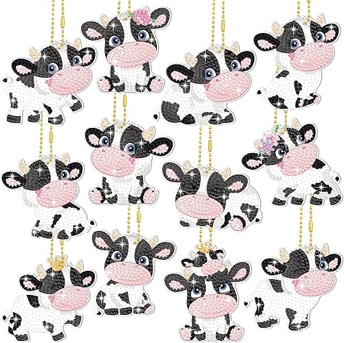 Miniatura 1 de Thinkday Kit de llavero de pintura de diamante de vaca de 12 piezas, lindo colgante de diamante de vaca, adornos de arte animal para adultos,