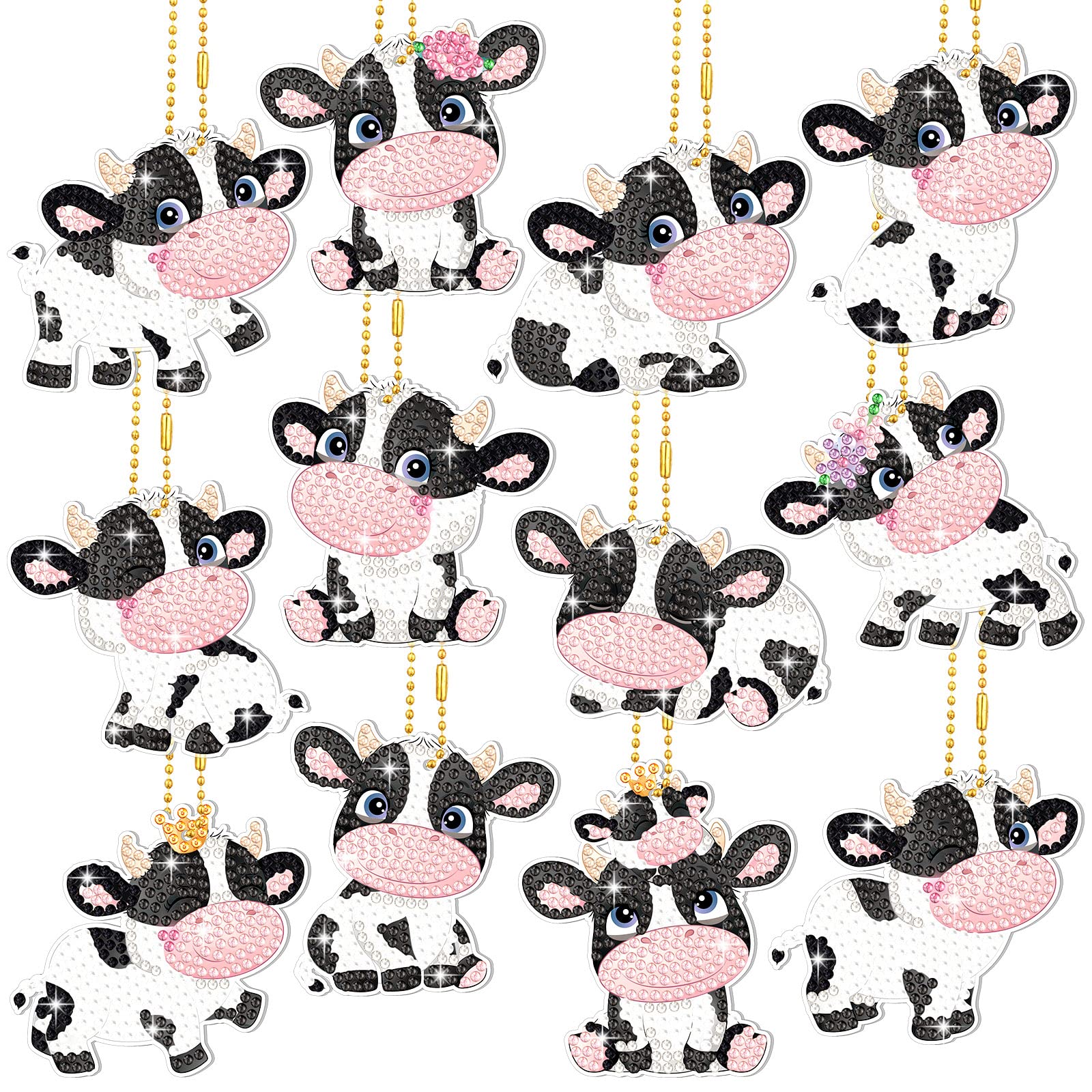 Thinkday 12 Pcs DIY Cow Diamond Painting Keychain Kit Cute Cow Diamond Pendant Hanging Keychain Animal Art Ornaments for Adult Beginners Bag Birthday