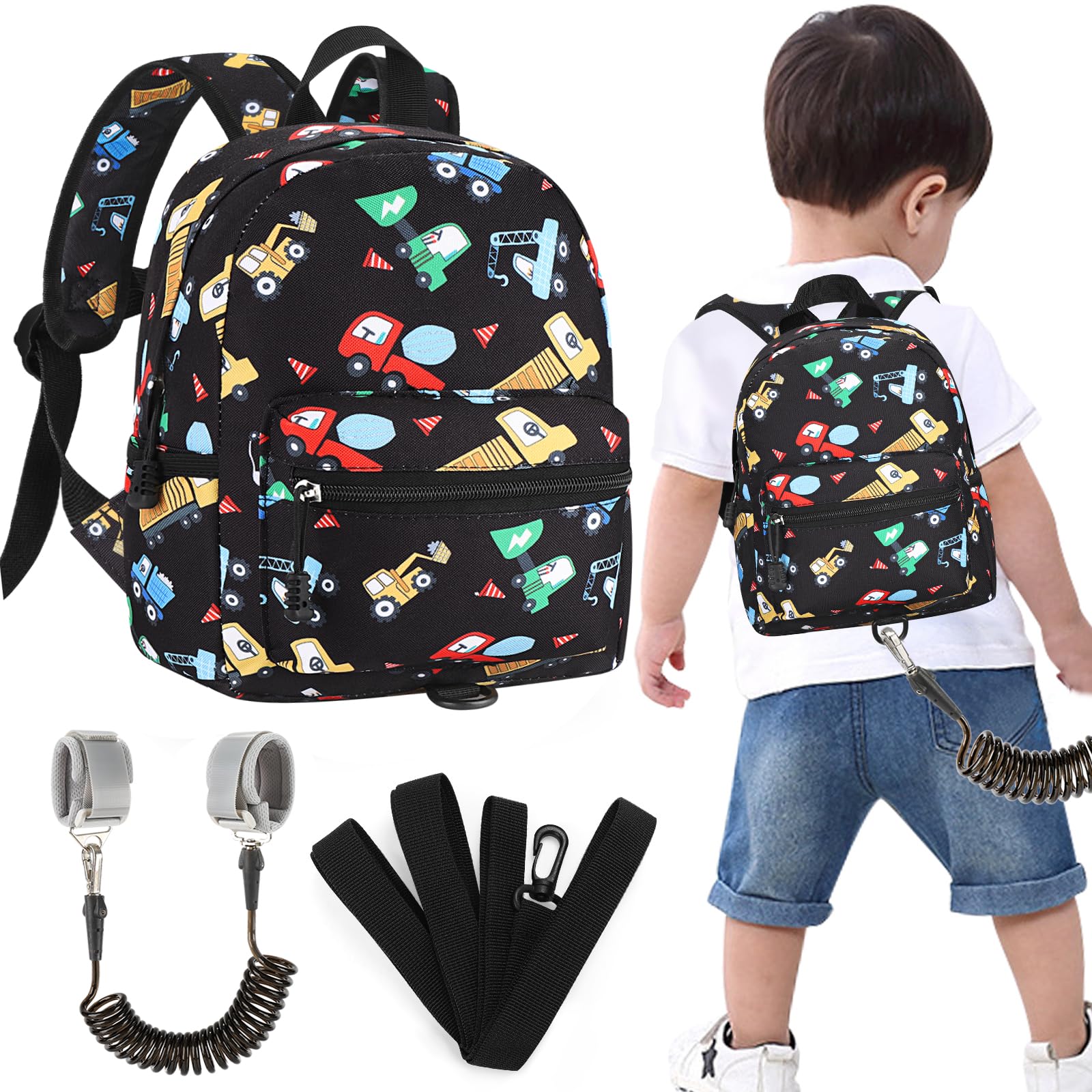 Accmor Toddler Harness Backpack Leash, Cute Excavator Kids Backpack with Anti Lost Wrist Link for Outdoor Walking, Mini Black Child Backpack Wristband