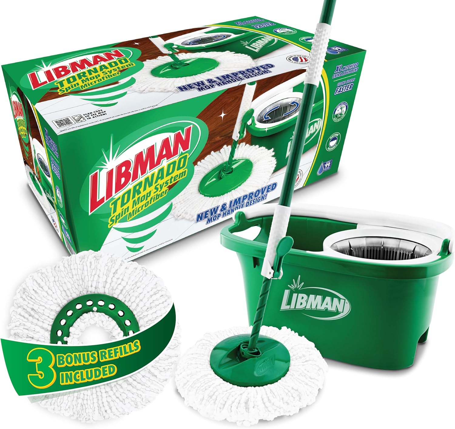 Libman Tornado Spin Mop System Plus 3 Refill Heads Mop and Bucket with Wringer Set