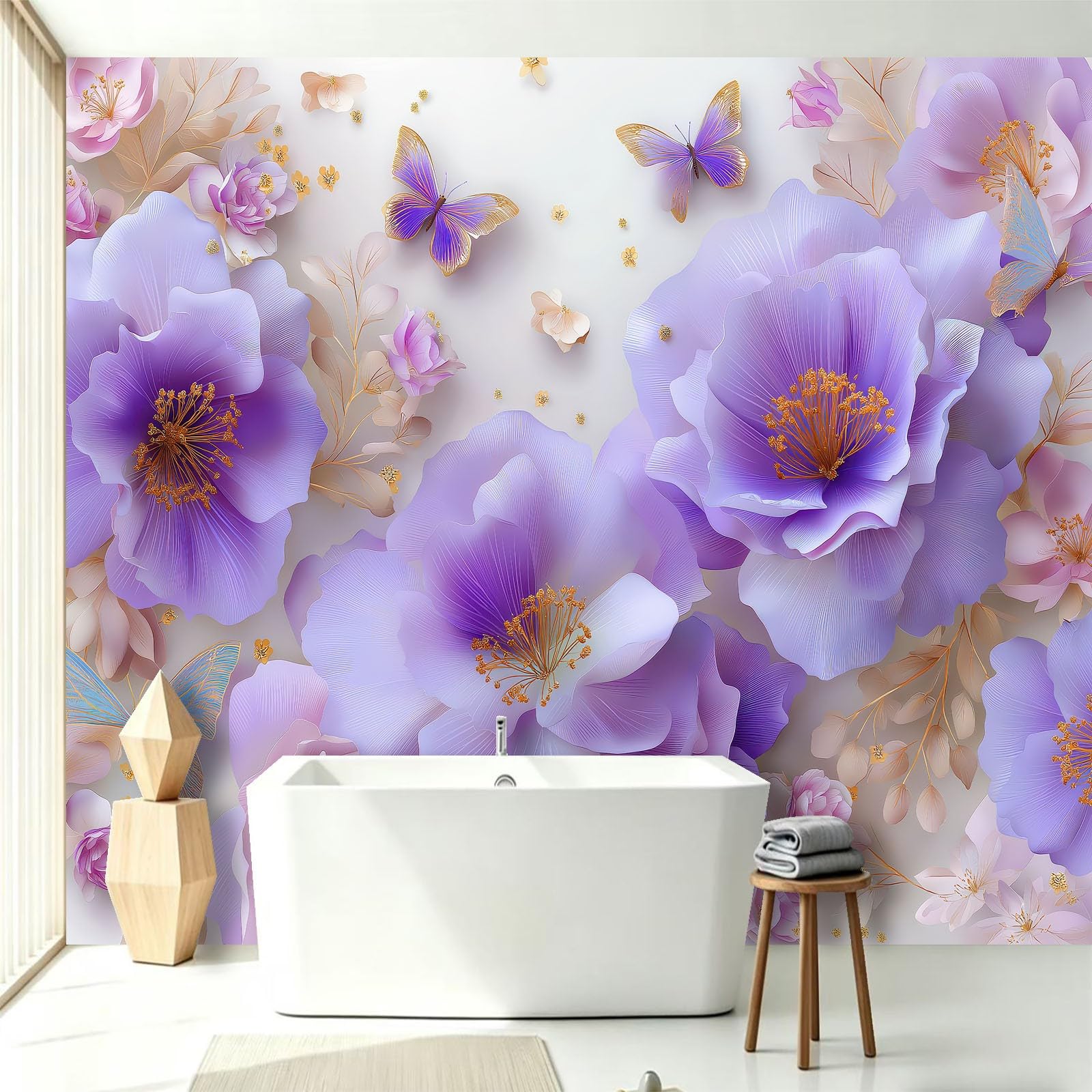 Générique Tapeta z włókniny 3D 300 x 210 cm, tapeta z motywem motyli, gałęzie liści panoramicznych, łatwa do zainstalowania dekoracja ścienna, do salonu, sypialni, kuchni