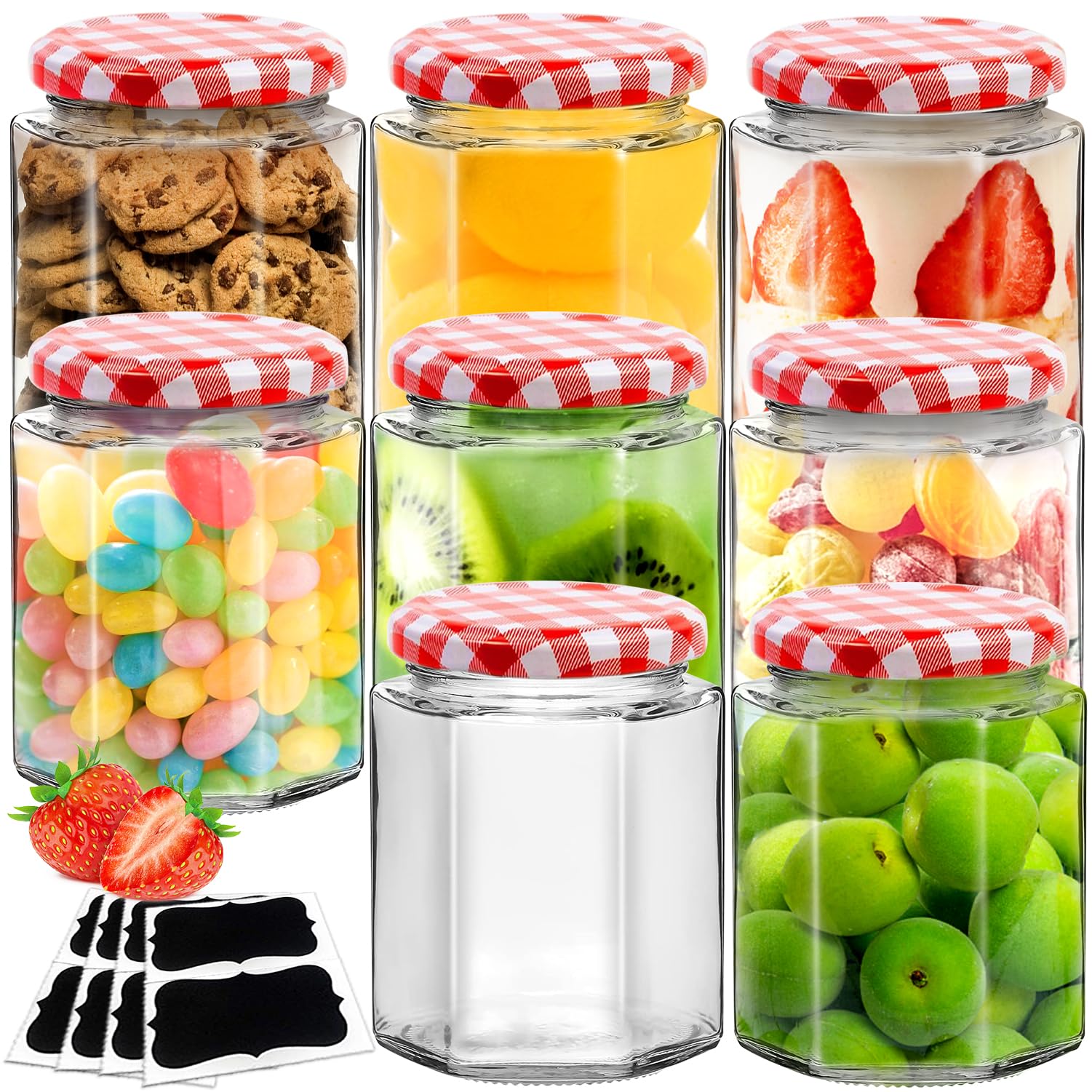 Showvigor 8pack Glass Jam Jars with Red Gingham Lid, 280ml/9oz, Hexagonal Storage Glass Jars