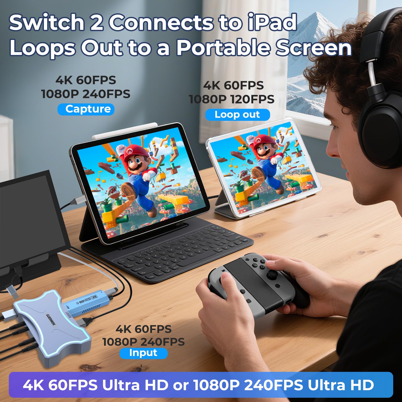 Guermok, Scheda acquisizione HDMI, 4K60FPS / 2K120FPS, Touch LED, streaming | Streaming, registrazione e gaming a bassa latenza, Compatibile con console portatili, computer, software di streaming, USB3.0