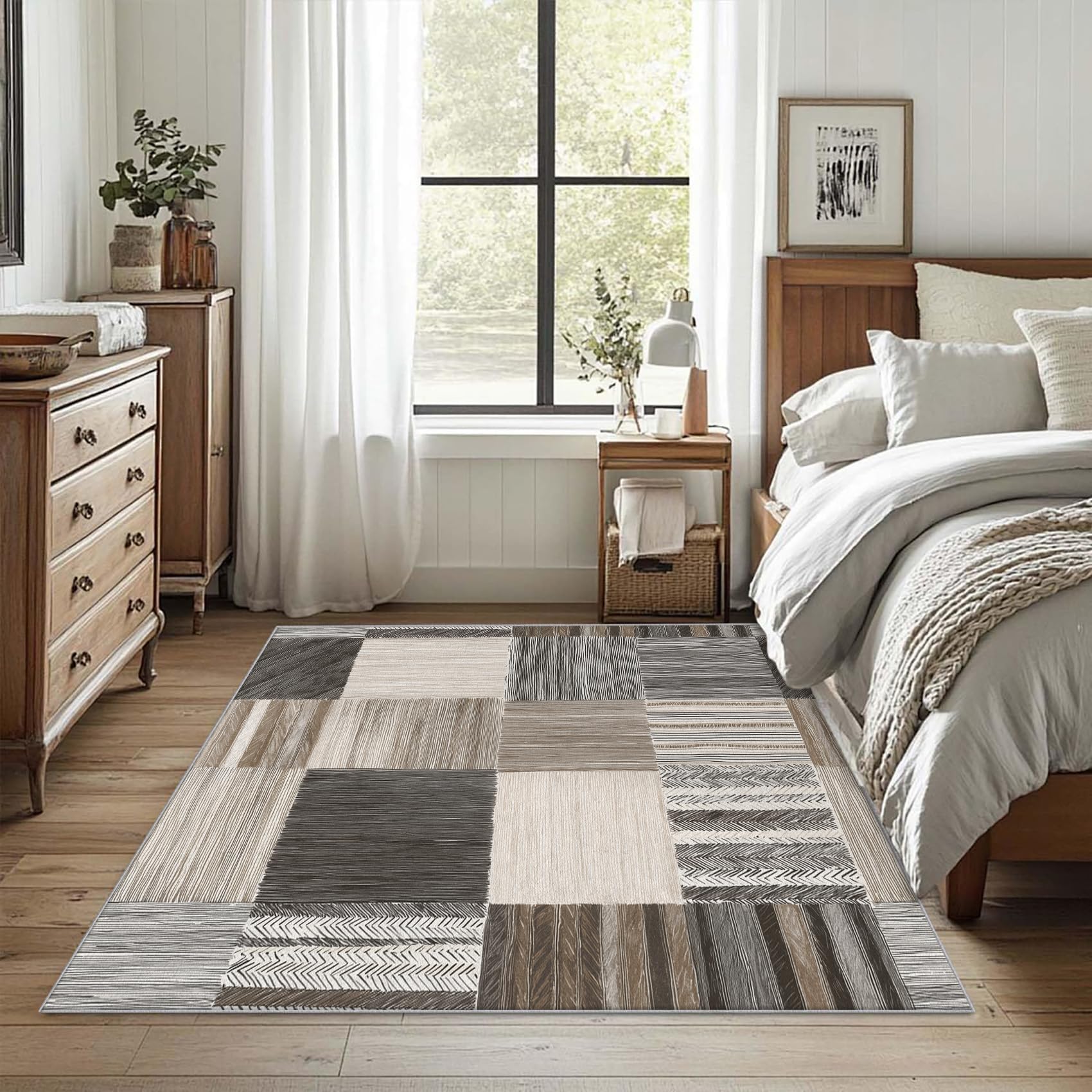Tappeto moderno geometrico patchwork 90x120 cm antiscivolo lavabile per interni per soggiorno, camera da letto e ufficio, grigio beige