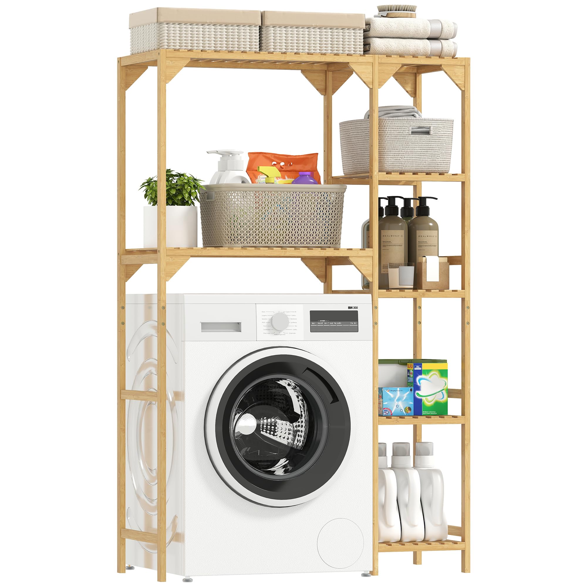 HOMCOM Étagère au-Dessus de Machine à Laver en Bambou, Meuble de Salle de Bain Moderne avec Étagères Réversibles, Meuble de Rangement pour Buanderie, Salle de Bain, Bois Naturel