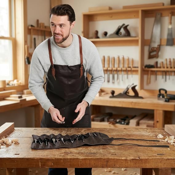 Theodore Leather Apron - 32.5 x 22.5 Adjustable Crossback with Leather Straps - Durable Work Apron with 3 Large Pockets for Grilling, Barbecue, Woodworking