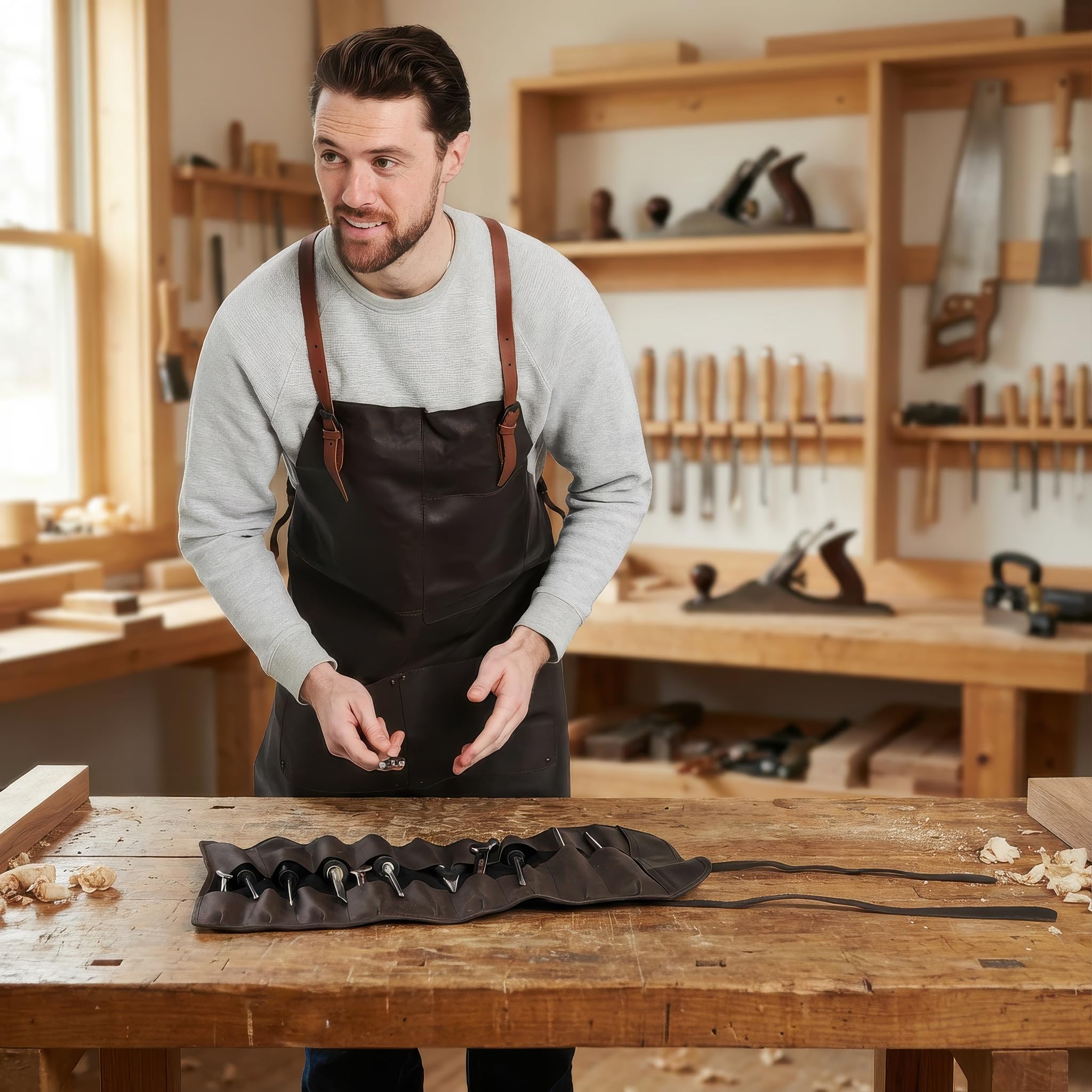 Theodore Tablier en Cuir avec Design Croisé - Confortable, 3 Poches, Sangles Réglables - Idéal Travail du Bois, Barbecue, Unisexe