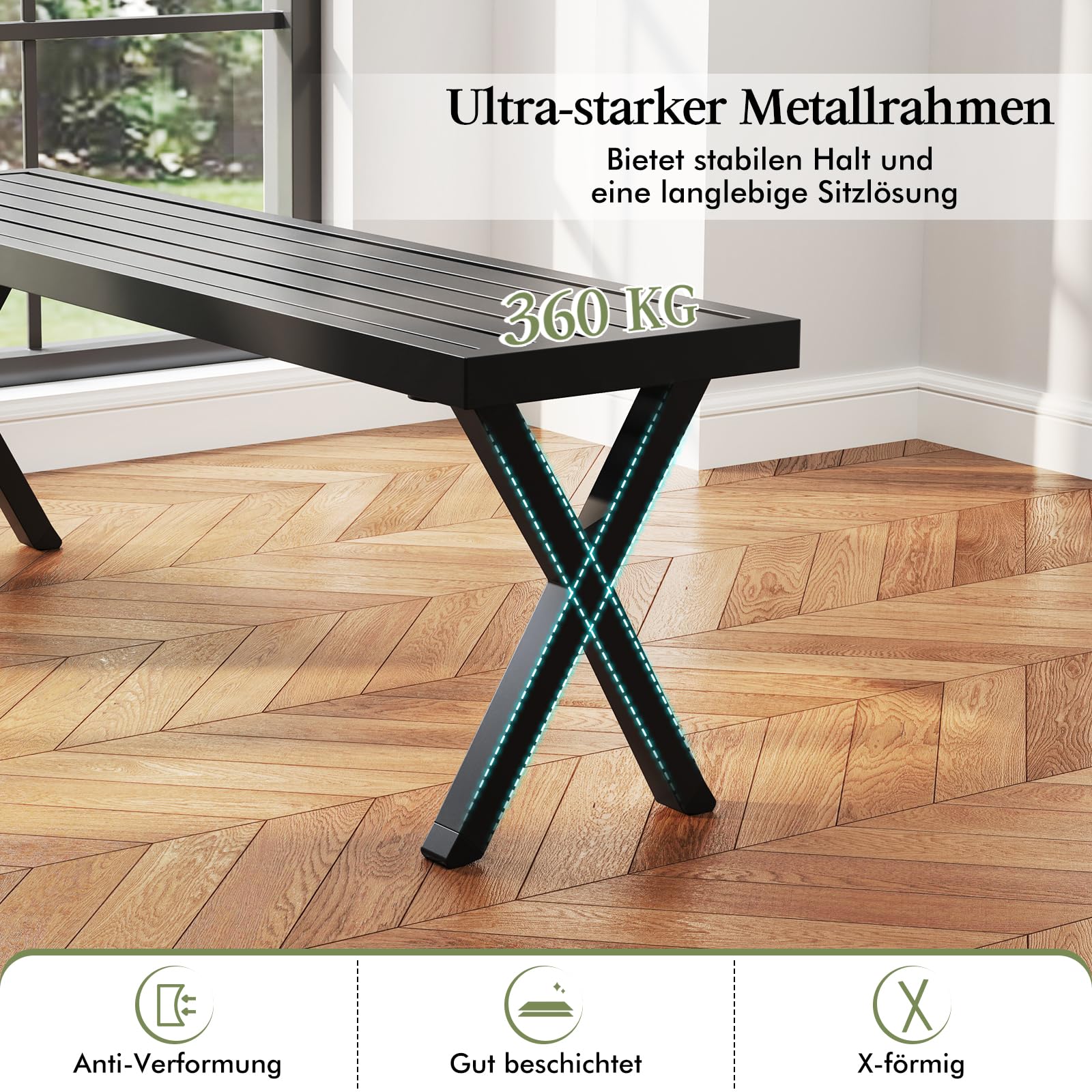 COSTWAY Gartenbank Metall wetterfest, 3-Sitzer Sitzbank ohne Rückenlehne, Balkonbank, Parkbank, Metallbank bis 360 kg belastbar, Terrassenbank für Garten, Balkon, Terrasse, 138 x 36 x 46 cm