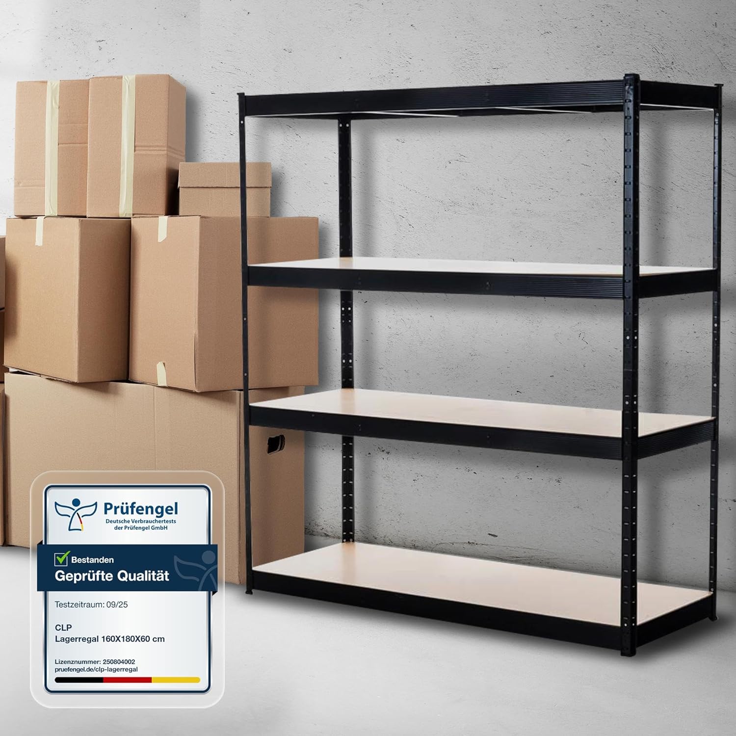CLP storage shelf with several cardboard boxes stacked behind it, and a 'Prüfengel Geprüfte Qualität' (Tested Quality) certificate visible in the foreground.