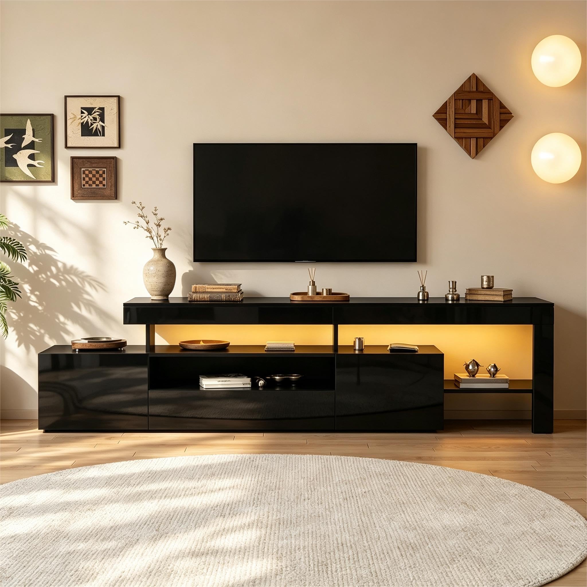 192 x 37 x 53 cm, mobile TV con 3 armadi, supporto e mobile TV, mobile basso lucido e tavolino TV, mobile TV e cassettiera, adatto per televisori da 85 pollici, nero