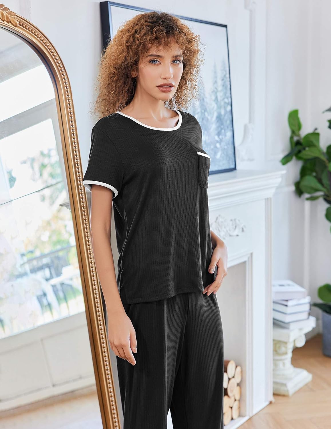 Ekouaer Women Lounge Pajamas Sets Ribbed Knit PJ Short Sleeve and Long Pajama Pant Soft 2 Piece Sleepwear Loungwear Set - Image 3