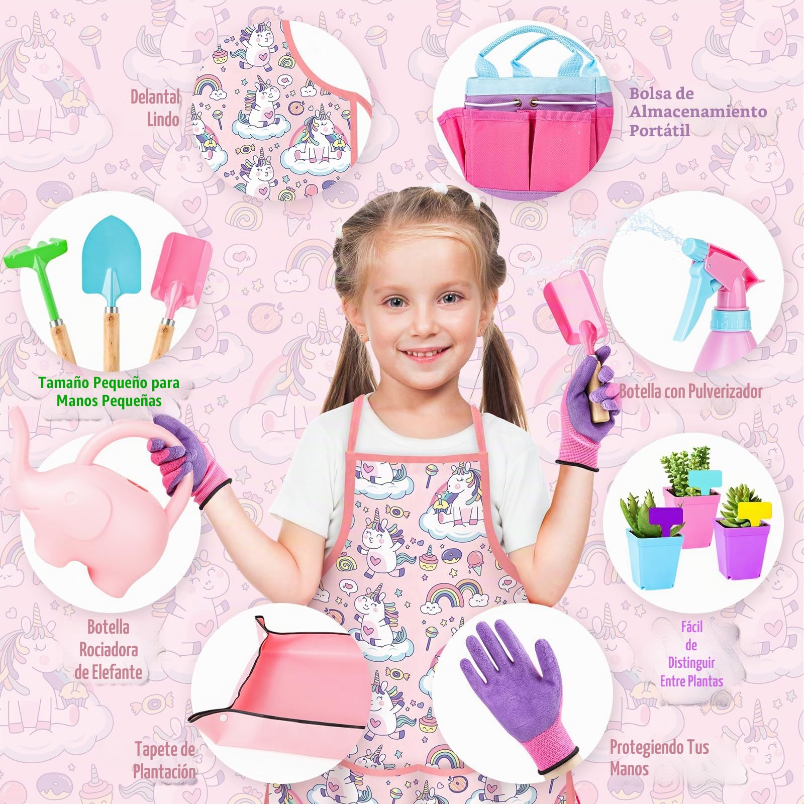 deAO 28 Piezas Kit de Jardinería para Niños, Incluye Bolsa, Regadera, Pala, Rastrillo, Guantes, Delantal, Juguetes para Plantar, Rosa