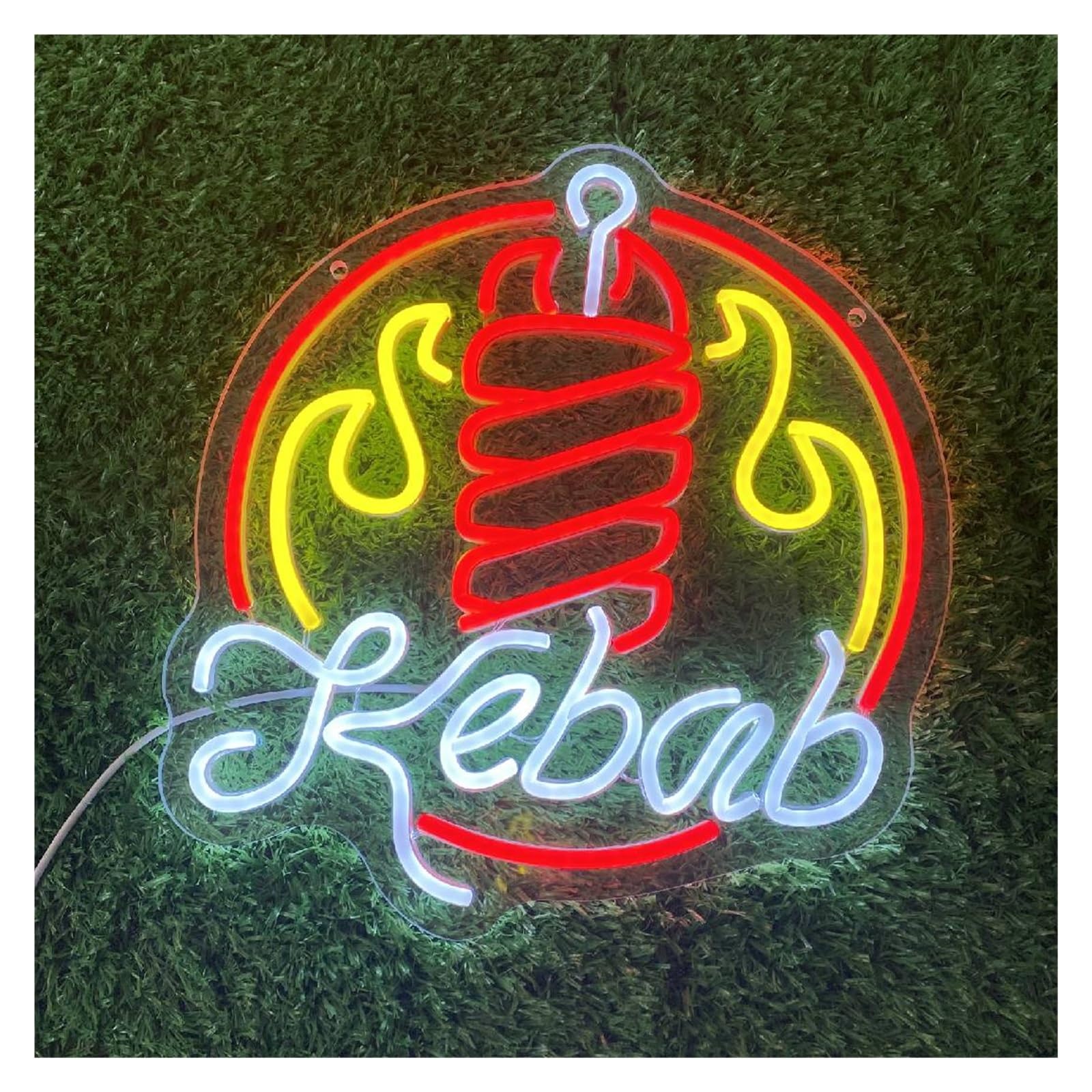 SHOUXI Sign Lamp Kebab Neon Sign Doner Kebab Flaming Wall Decor Led Light BBQ Flaming Business Window Display 38x34.5cm
