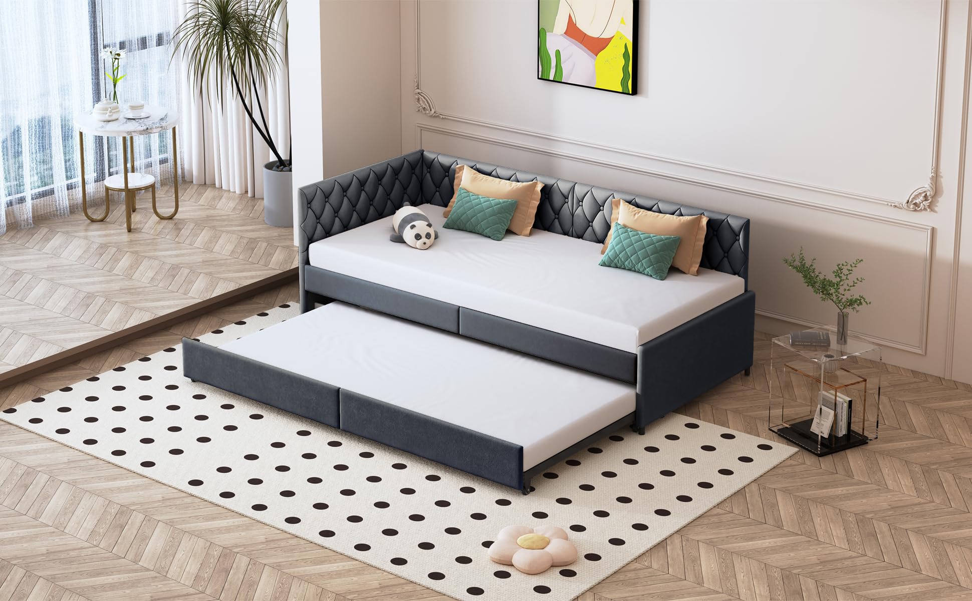 BestAlice Divano Letto imbottito 90 x 200 cm, letto estraibile con rete a doghe e divano letto allungabile velluto, letti singoli imbottiti, letti singoli per il giorno degli ospiti, nessun materasso