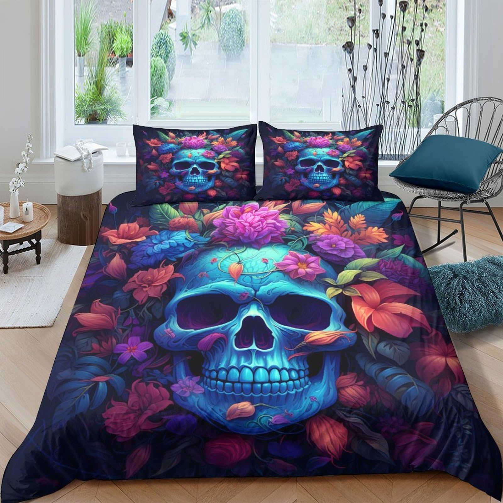 Ctjqhvkz Style-7 3D Printed Neon Skull Fitted Sheet Microfiber Colourful Floral Bed Cover For Bedroom Dorm Modern Mattress Decor Single（135X200cm）