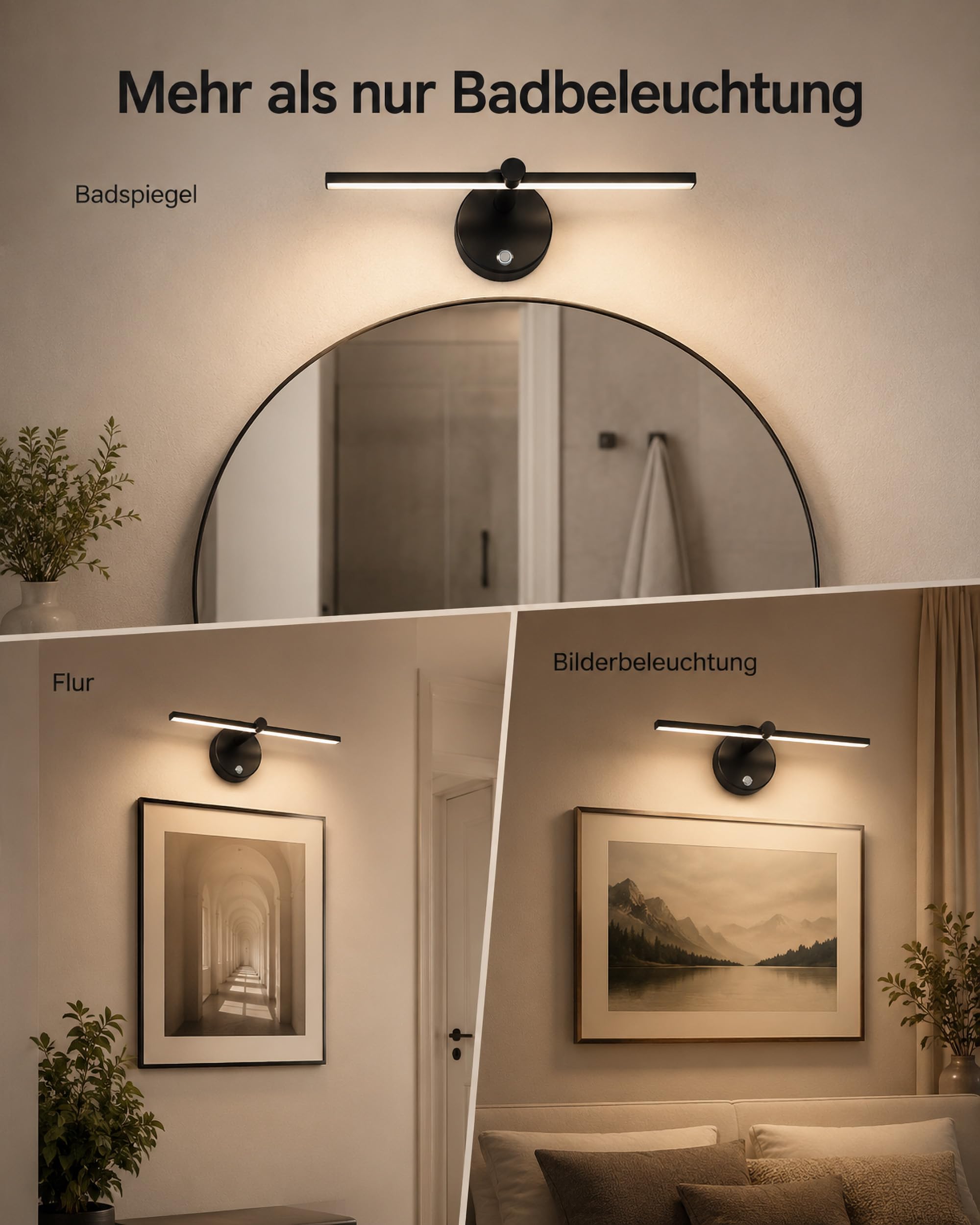 LANMOU Spiegelleuchte Bad mit Schalter, 41cm LED Spiegellampe Badezimmer Schwarz IP44, Touch Dimmbar, 5W 4000K Bilderlampe, 300° Drehbar Badlampe Spiegel