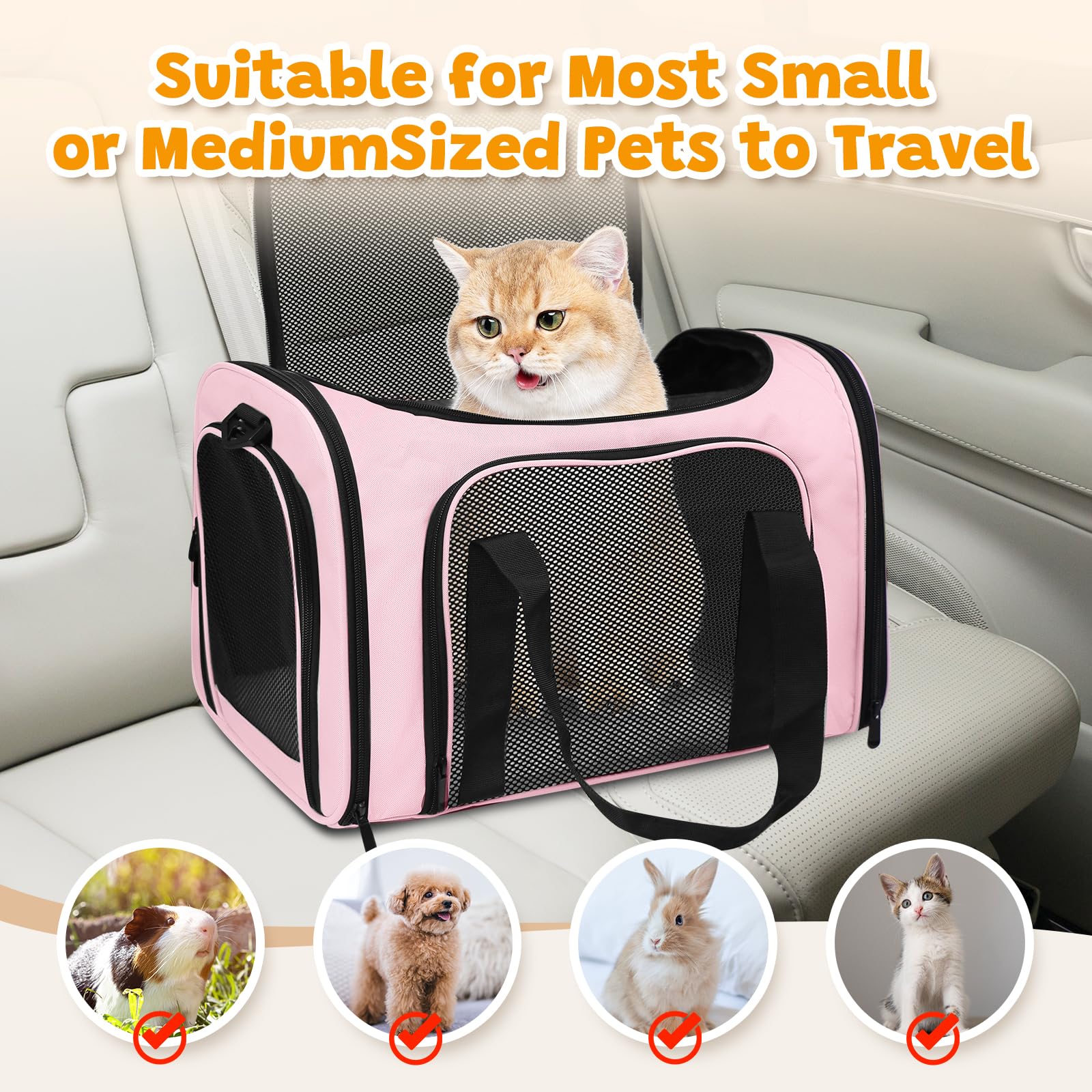 Haustier-Tragetasche, 43,2 x 27,9 x 27,9 cm, für kleine, mittelgroße Katzen, Hunde, Welpen bis zu 6,8 kg, weiche Seite, zusammenklappbar, für Reisen, Rosa