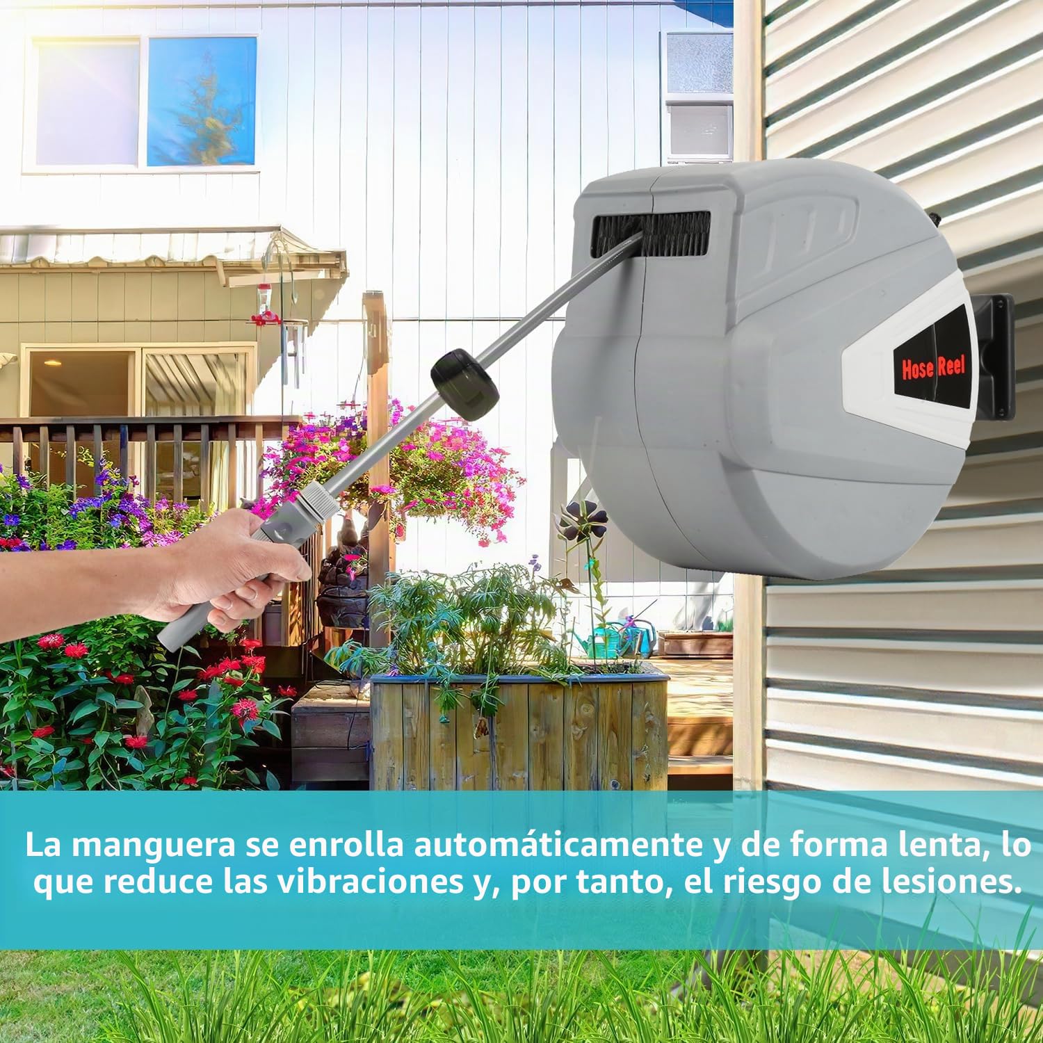 Herrselsam Carrete de manguera de agua, 30 m, enrollador automático de manguera, incluye alcachofa de mano con soporte de pared, giratorio 180°, manguera de jardín