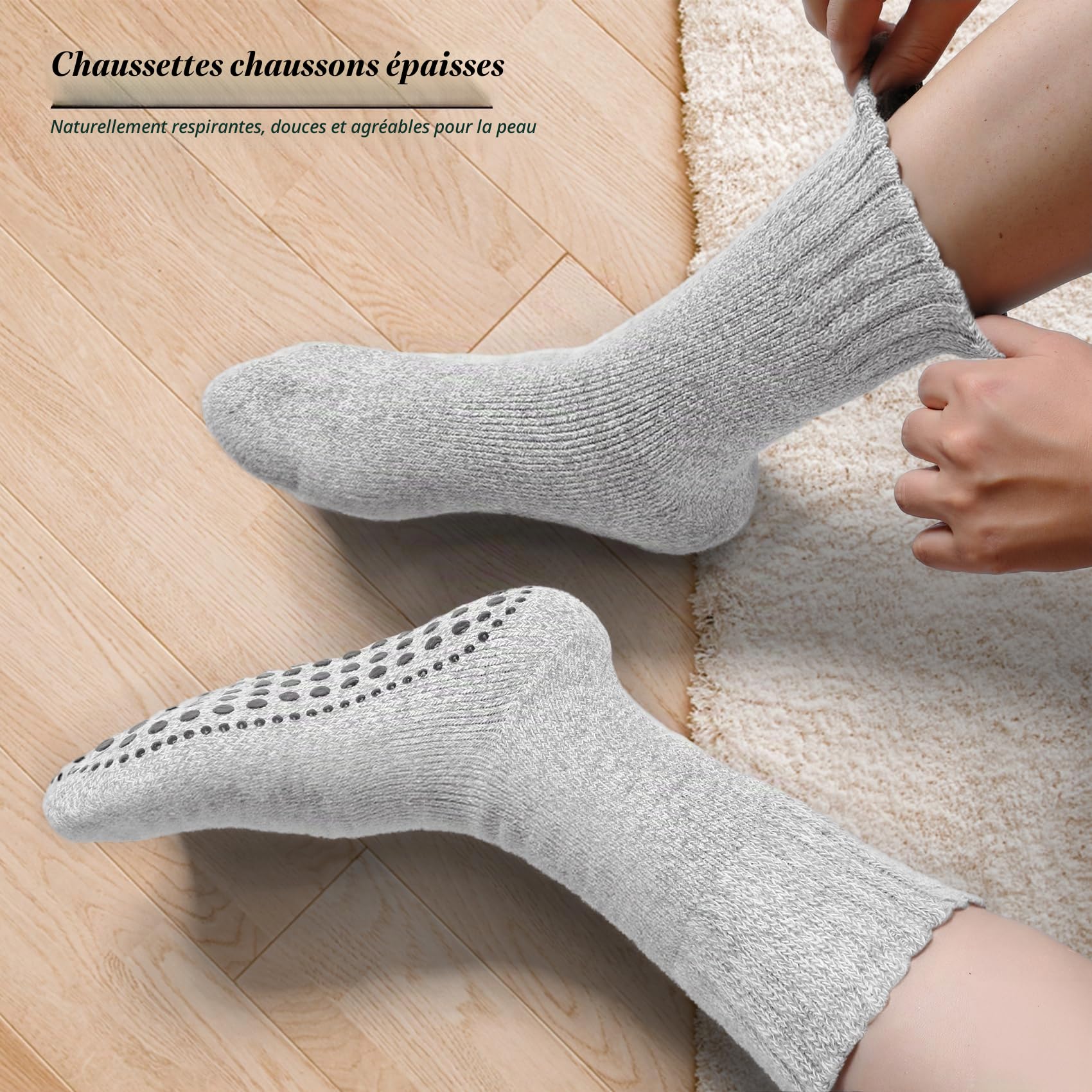 Chaussettes Laine Mérinos Homme 3 Paires Chaussettes Hiver Chaudes Antidérapantes avec Points de Gripper Chaussettes Épaisses et Douces pour Intérieur Maison