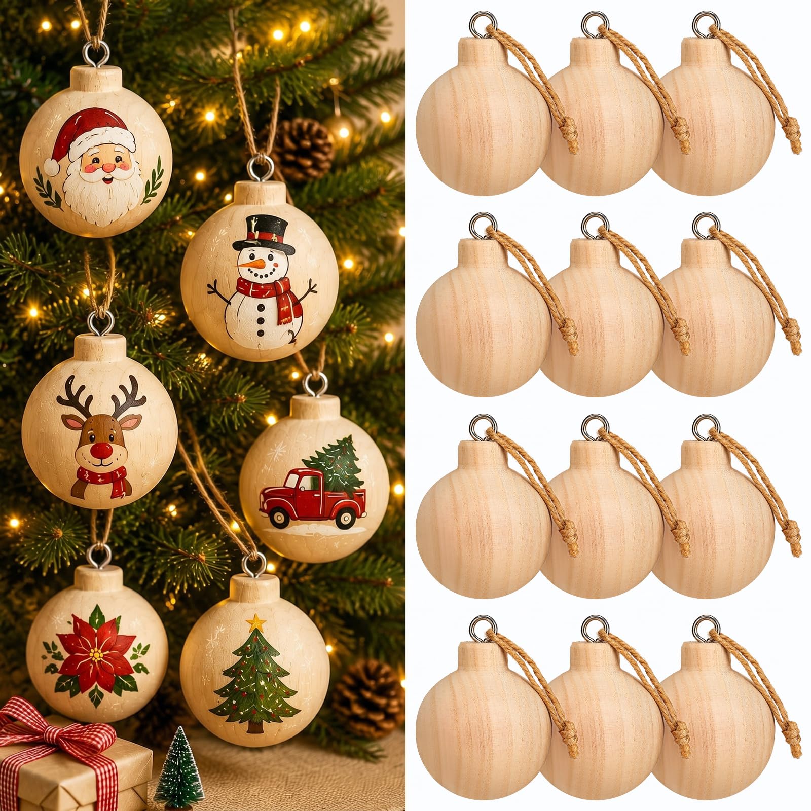 Hiboom 12 Stück 6,6 x 6,1 cm große Holz-Weihnachtskugeln, unlackiert, natürlich, rund, Paulownia-Kugeln, Ornamente für Weihnachtsbäume, Basteln, Basteln, Basteln, Malen, Erwachsene, 12 Stück