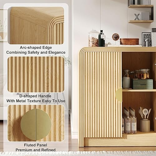 Miniatura 4 de Aparador buffet de 55 pulgadas, moderno gabinete de consola de mediados de siglo con puertas de grano ondulado y estantes ajustables para armarios
