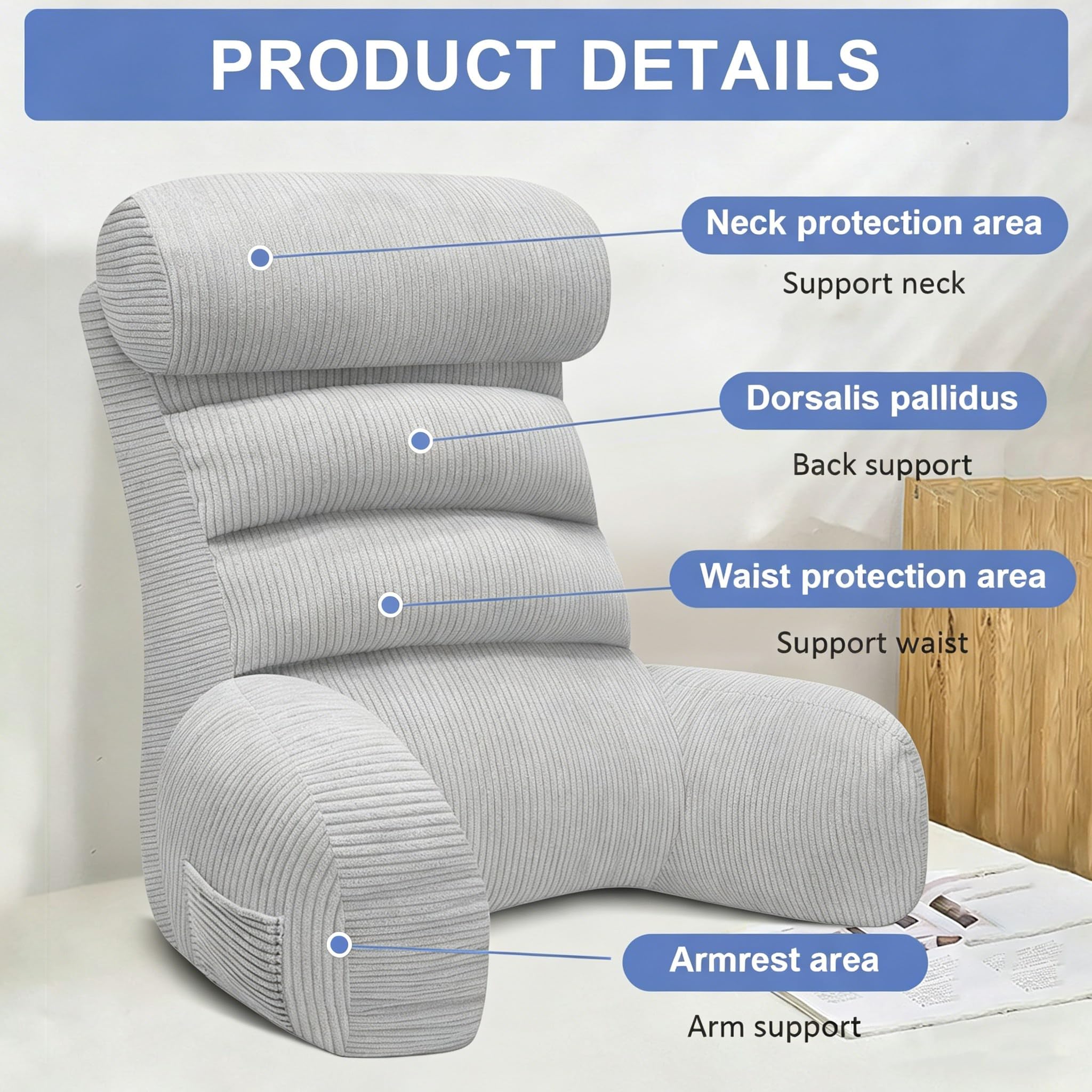 Lesekissen für bett und sofa mit Armlehnen & Abnehmbarer Nackenstütze | 70x40cm Höhenverstellbares Rückenkissen für Bett & Sofa | Reading Pillow Rückenstützkissen zum Lesen,Fernsehen,Entspannen (Grau)