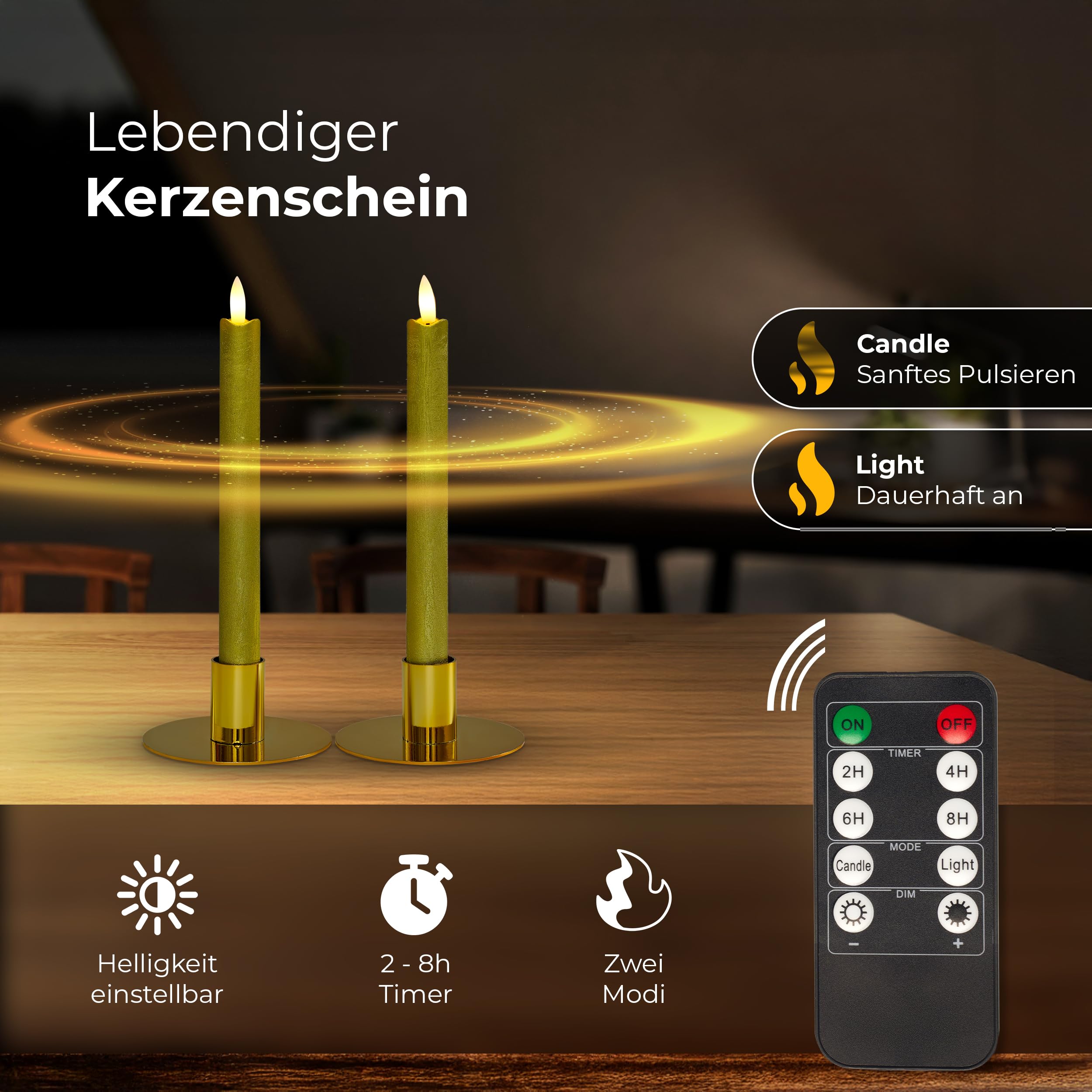 Ekonomiczny zestaw świec LED z timerem, małe i duże, złote, 8 sztuk, złote do użytku wewnątrz – 6 godzin – prawdziwy wosk 18 cm + 23 cm wysokość do świec 2,2 cm średnicy 2,2 cm, 2 baterie AAA,