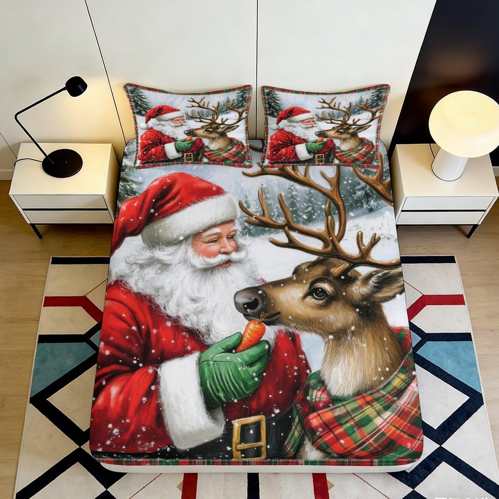 3D Printed Santa Claus Fitted Sheet Microfiber Christmas Reindeer Bed Cover for Bedroom Guest Room Holiday Decor 90x200x25cm