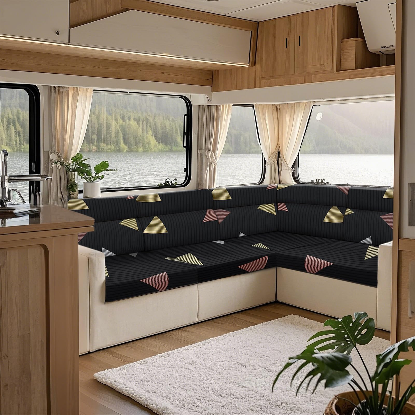 KYJSW Printed Sofa Seat Cushion Cover, Stretch Non Slip RV Dinette Cushion Covers With 2 Straps, For Couch/Caravan/Camper/Car/Bench (Black-Yellow,W 100-120cm, D 50-65cm)