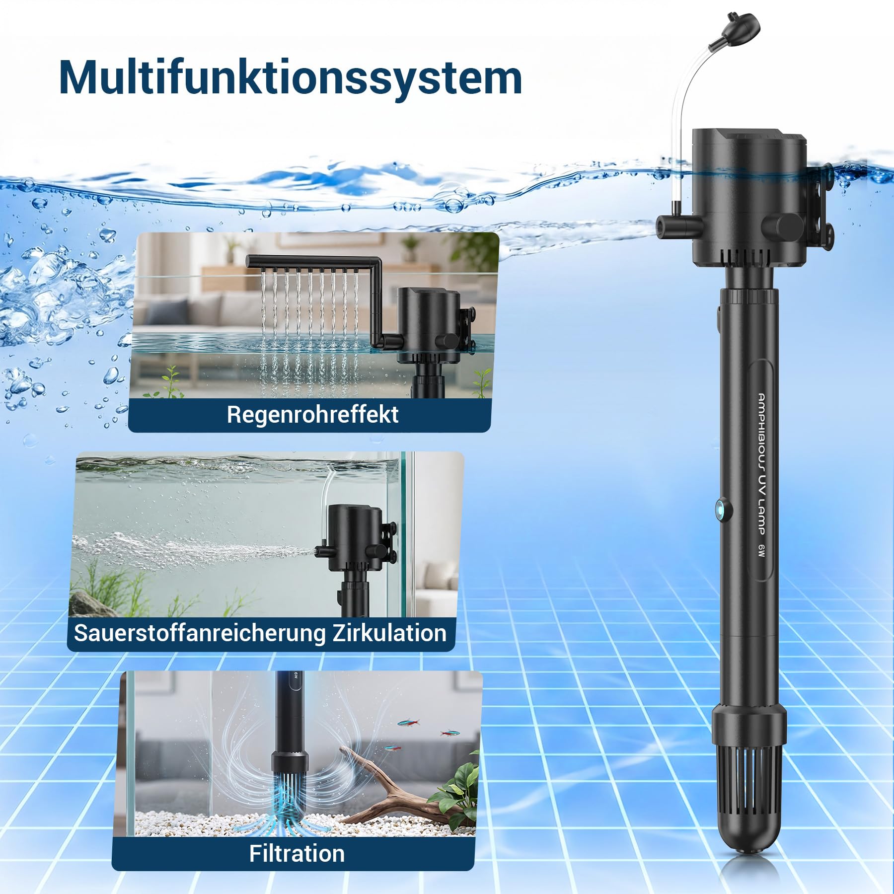 Filtro interior para acuario con esterilizador UVC y temporizador, bomba de filtro 5 en 1 para depósito de peces de 60 – 130 L, lámpara de 8 W, antialgas U-V clarificador para peces de agua
