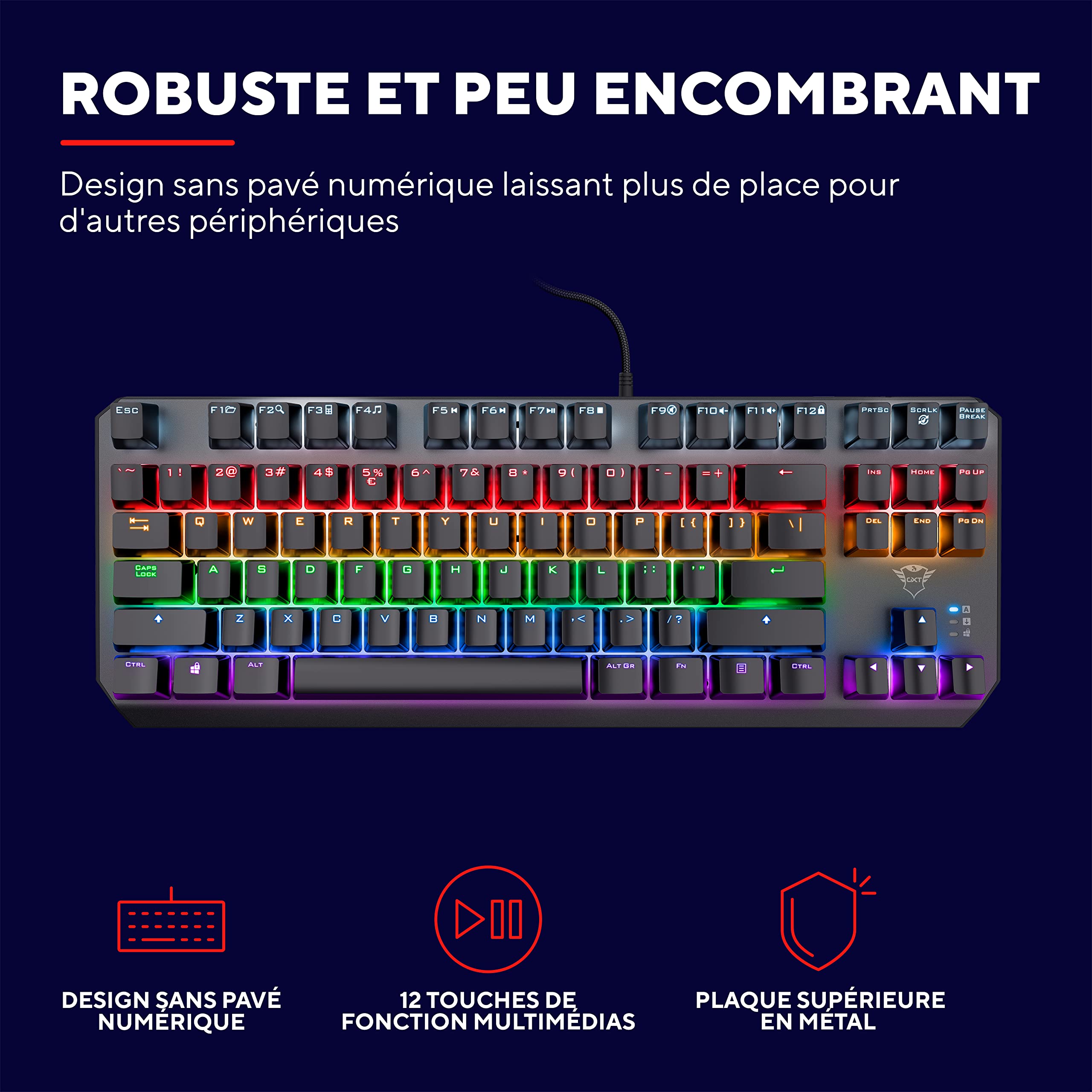 Trust Gaming GXT 834 Callaz Mechaniczna klawiatura TKL, układ AZERTY, mechaniczne przełączniki Outemu, oświetlenie tęczowe, klawiatura USB dla Windows, Mac, PC, komputera - czarna