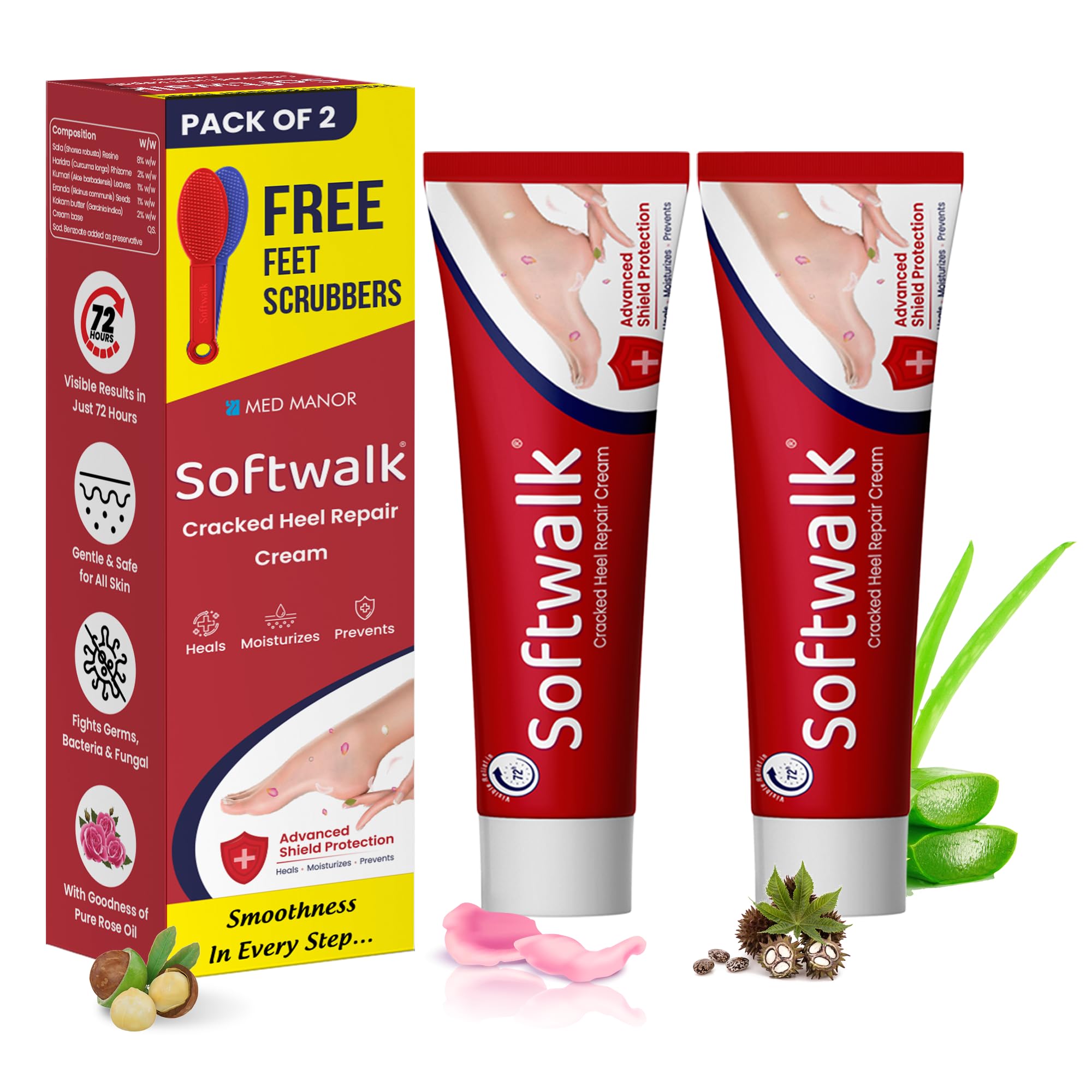 Softwalk Cracked Heel Repair Cream | Heals, Repairs, Moisturizes, Nourishes & Hydrates Cracked Heels & Dry Feet | Restores Elasticity & Softness | Protects from Fungi & Bacteria | 30g (Pack of 2)