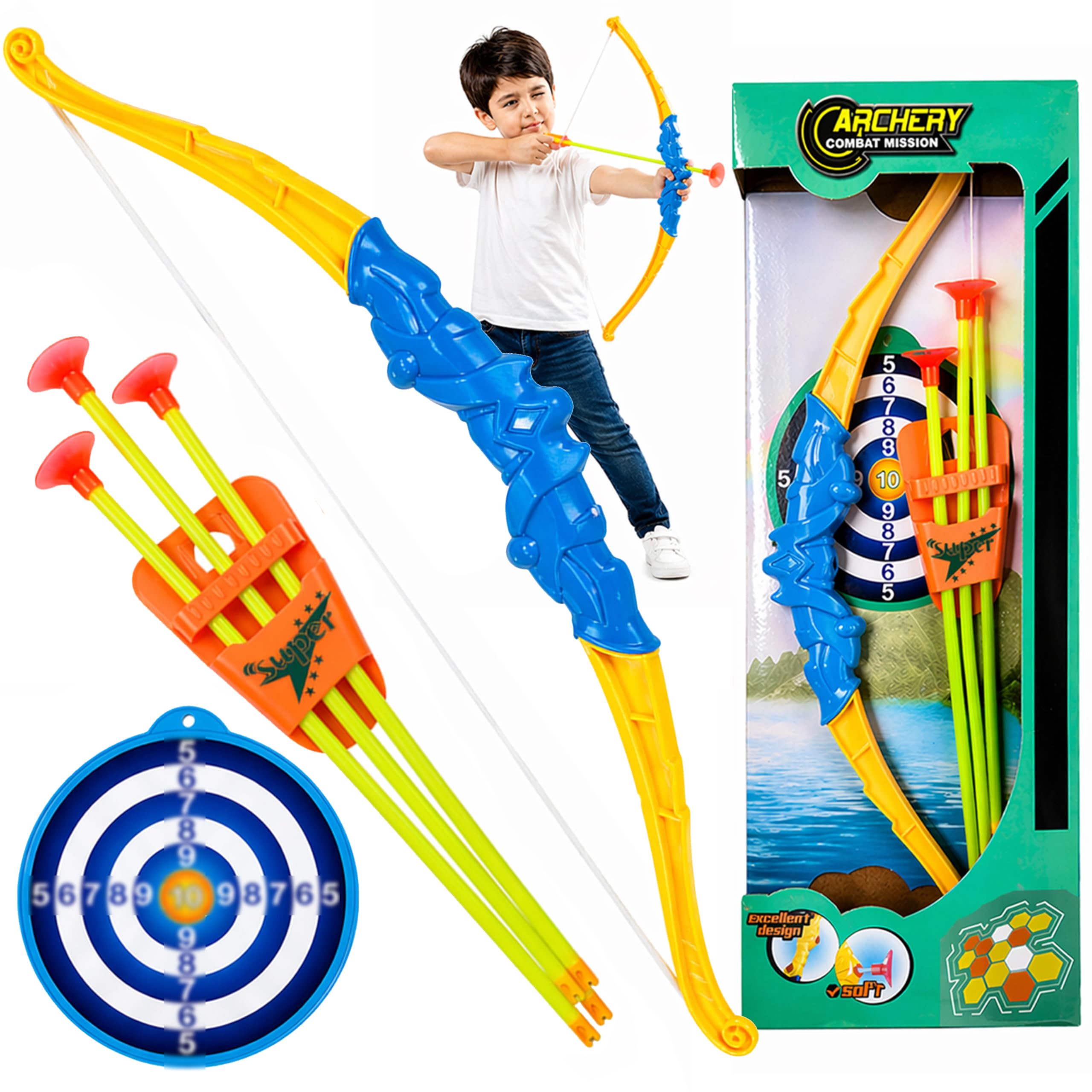 Kids Archery Set Bow and Arrow Toy with Suction Cup Arrows & Target Board, Indoor Outdoor Shooting Game, Safe Archery Toy for Boys & Girls Age 3+ Gift
