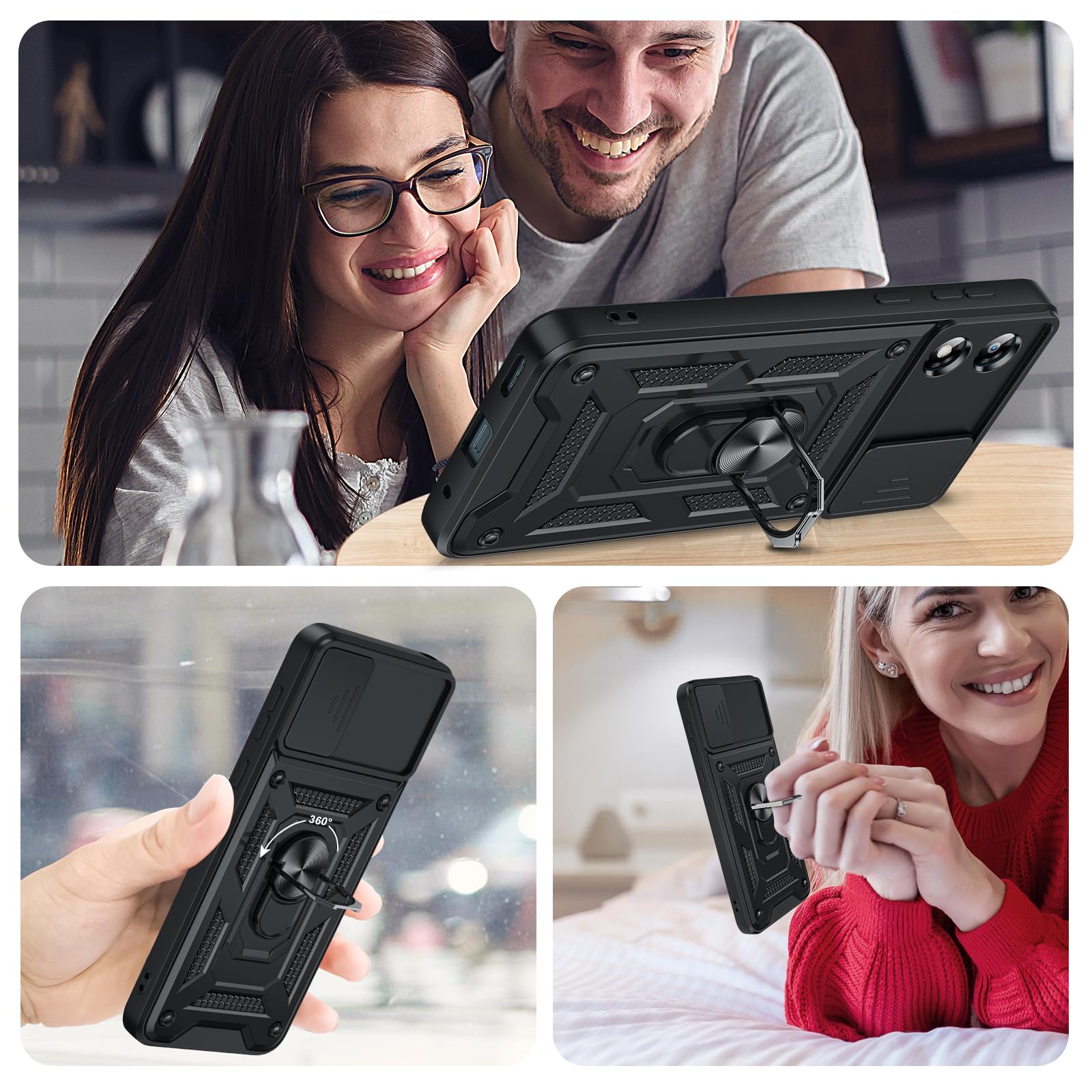 Custodia 3 In 1 Per Motorola Moto E13: Cover TPU Morbida + Vetro Temperato 9H + Anello Porta Telefono, Sottile E Antiurto