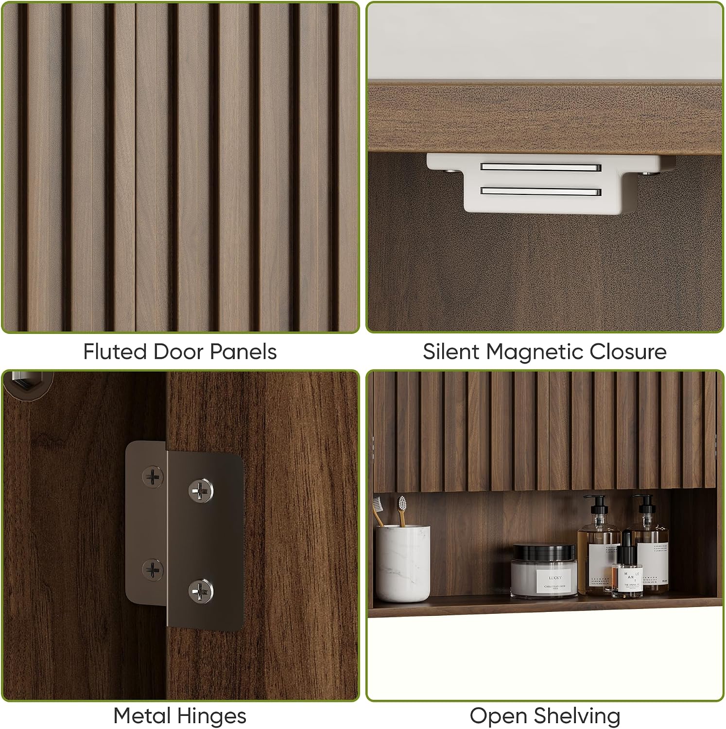 Smart FENDEE Bathroom Wall Storage Cabinet with Fluted Doors, Medicine Cabinet with Adjustable Shelf, Over The Toilet Storage Cabinet for Laundry Room & Kitchen & Living Room, Walnut