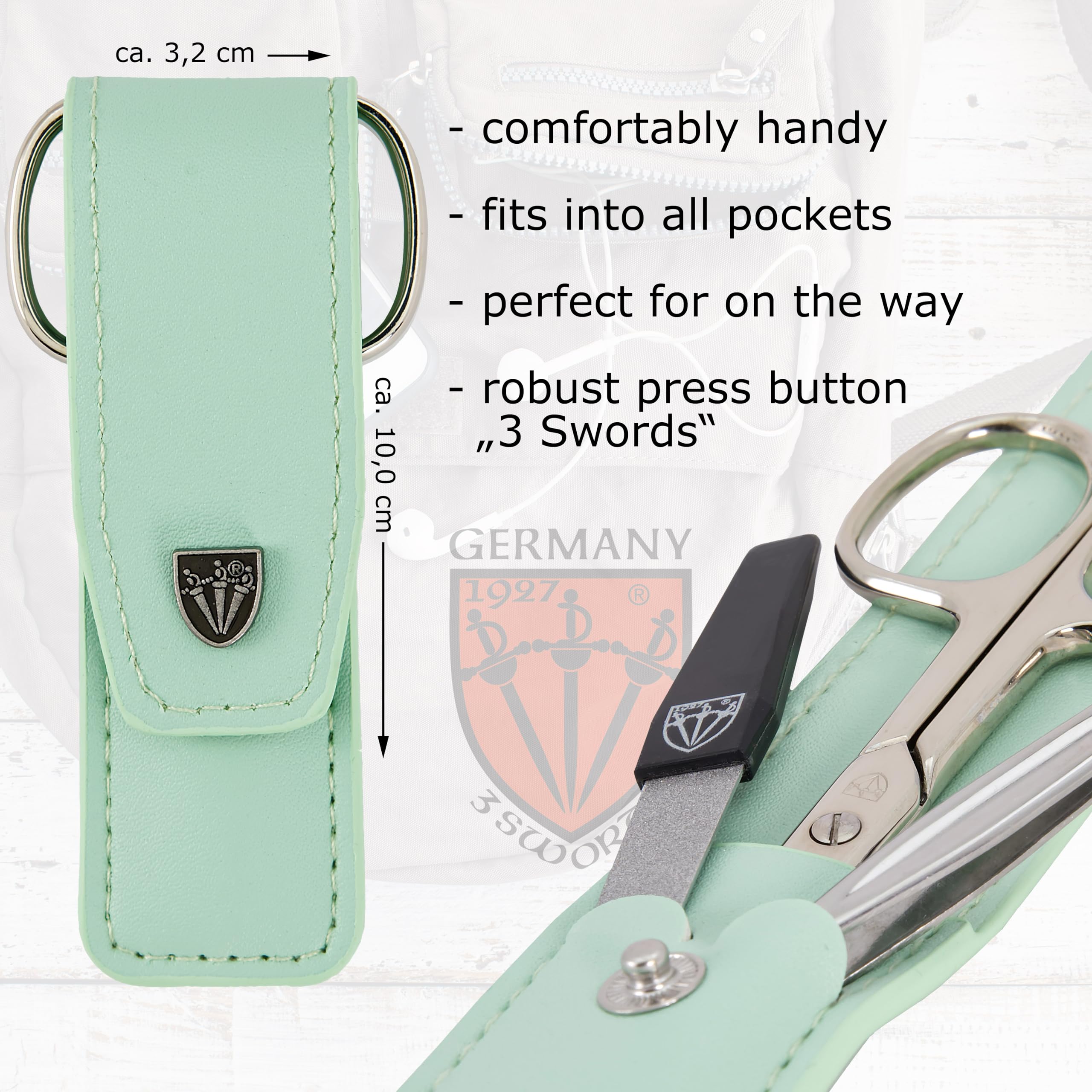 3 Swords Germany, brand quality 3 piece manicure pedicure grooming kit set for nail care with synthetic leather case mint - Image 4