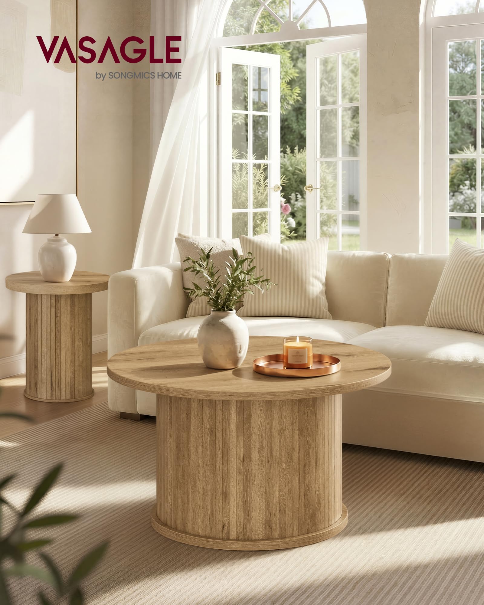 VASAGLE Okrągły Stolik Kawowy, z Cylindryczną Podstawą z Lameli | Stół do Salonu w Stylu Mid-Century, 80 x 80 x 45 cm, Piaskowy Brąz, Kolekcja MIRIANA LCT276K101