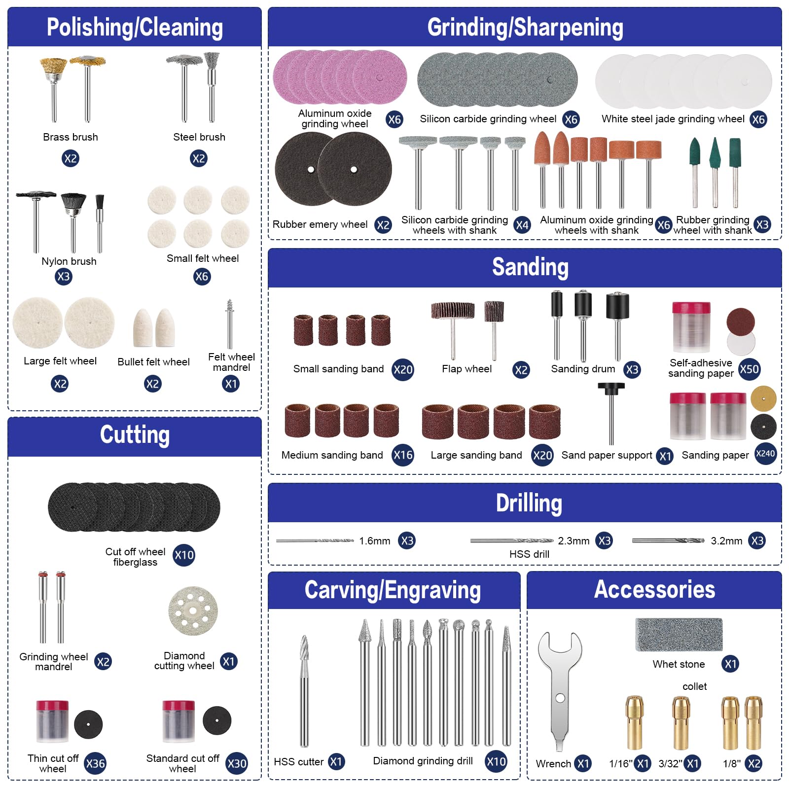HARDELL Kit de 508 pièces pour outil rotatif, compatible Dremel. Accessoires de 1/8" (3,2 mm) pour poncer, percer, polir, tailler et graver. Polyvalent et complet ! (Cadeau bleu foncé)